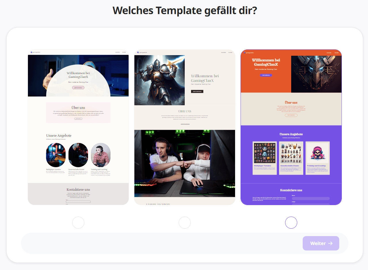 verschiedene Optionen für Templates einer Gaming Website