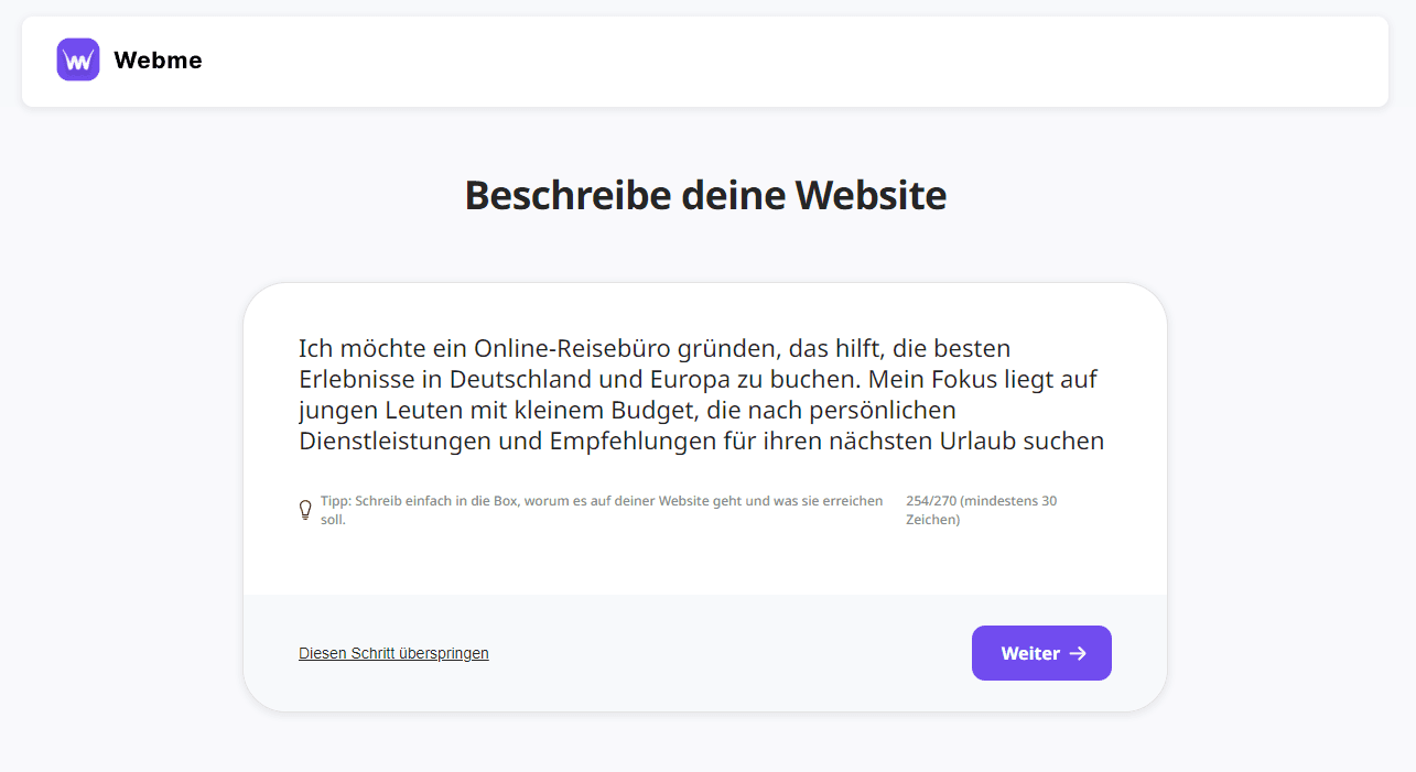 website beschreiben damit KI sie erstellt bei webme.com