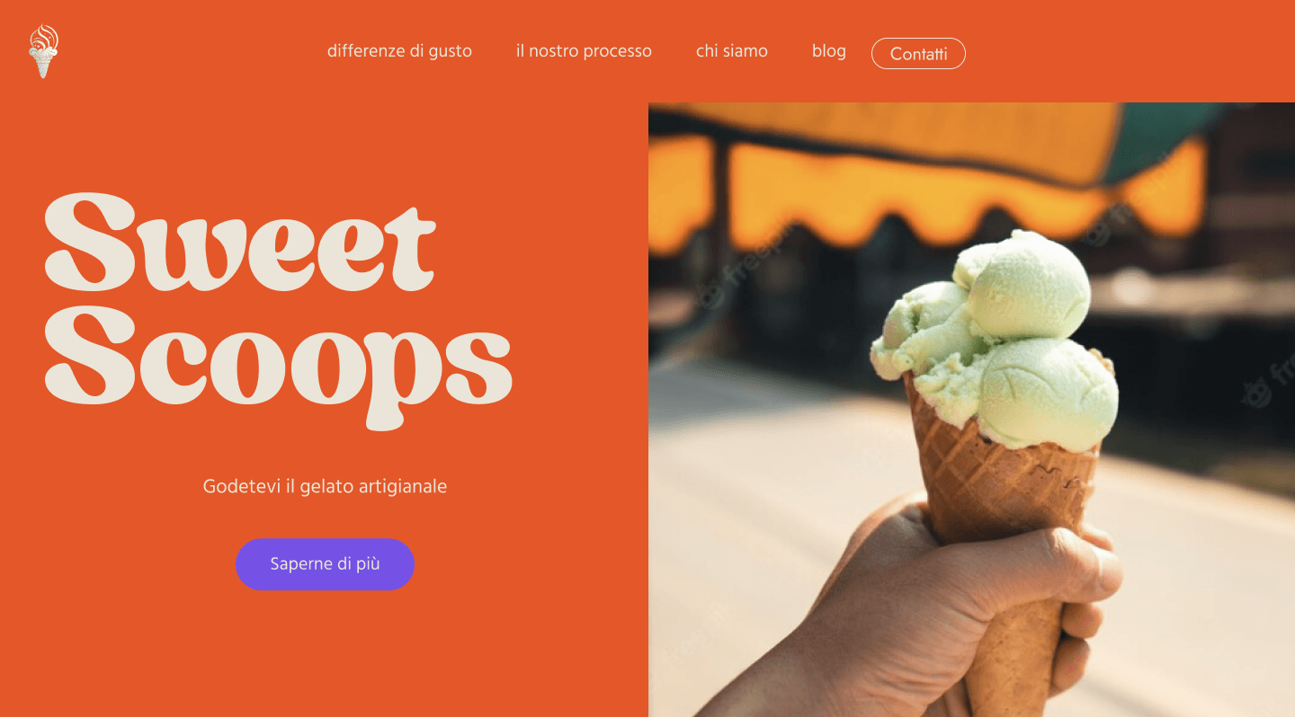 pagina principale del sito web del gelato