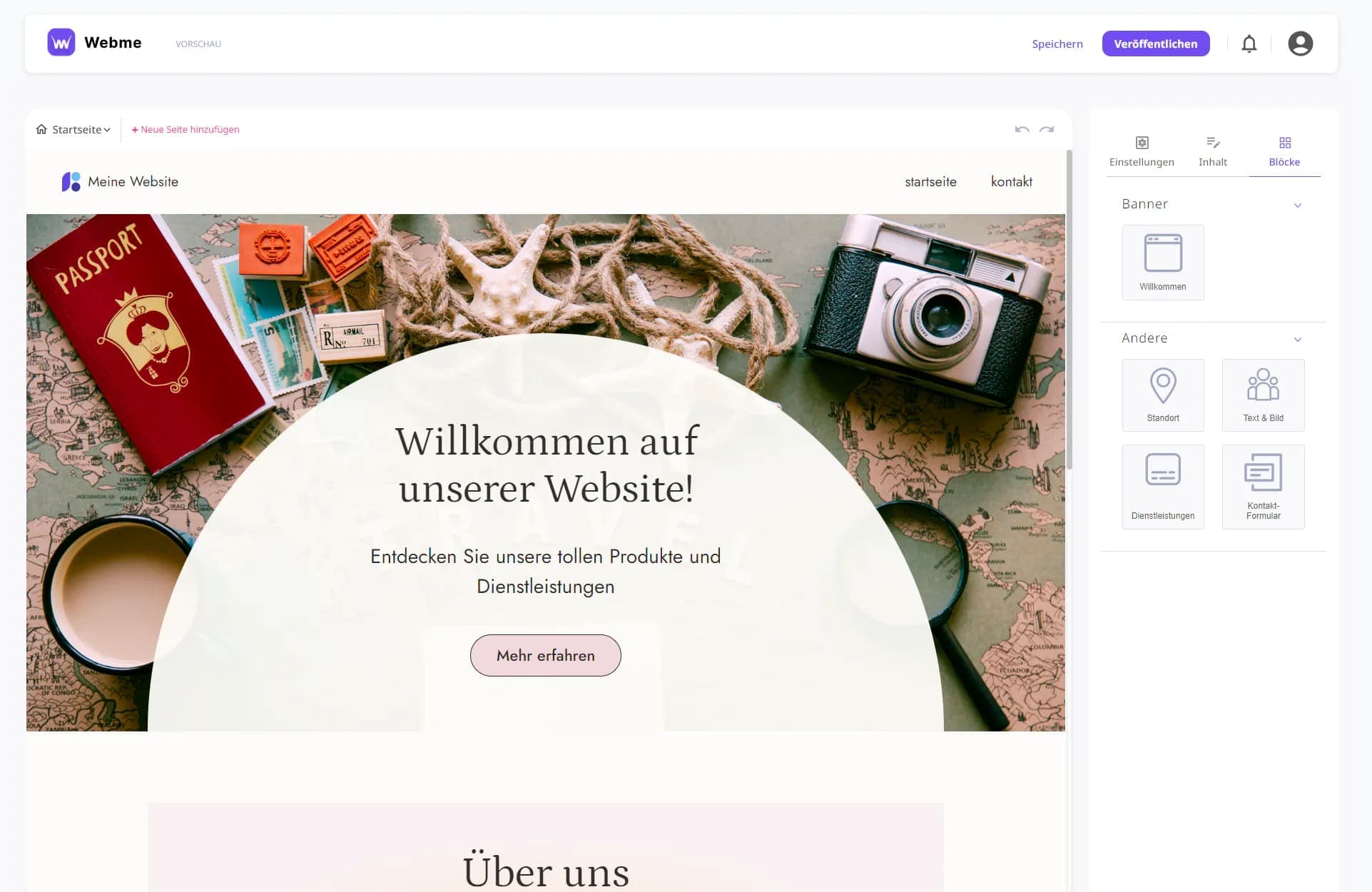 editor bei webme.com in dem man eigene website bearbeiten kann