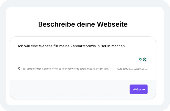 Es wird ein Feld angezeigt, in das der Benutzer eine Eingabe machen kann, um seine Website zu erstellen.