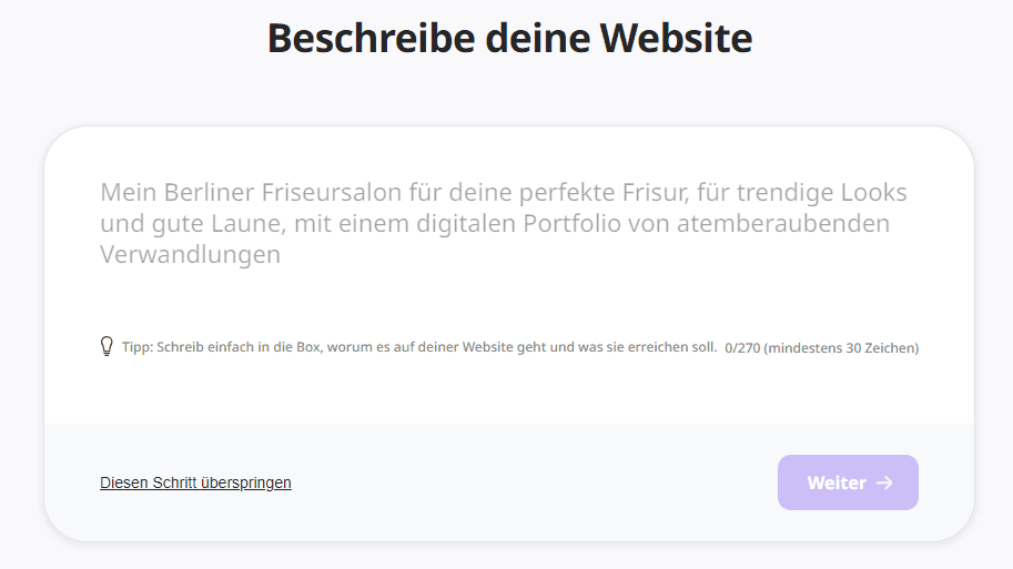 der KI beschreiben, wie die eigene Website auf webme.com aussehen soll