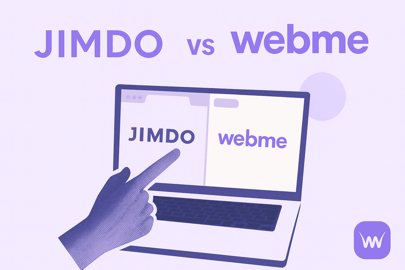 Illustration des Artikels ‚Jimdo vs Webme (2025)‘ – eine stilisierte Grafik mit einem Laptop, auf dessen Bildschirm die Websites von Jimdo und Webme nebeneinander zu sehen sind