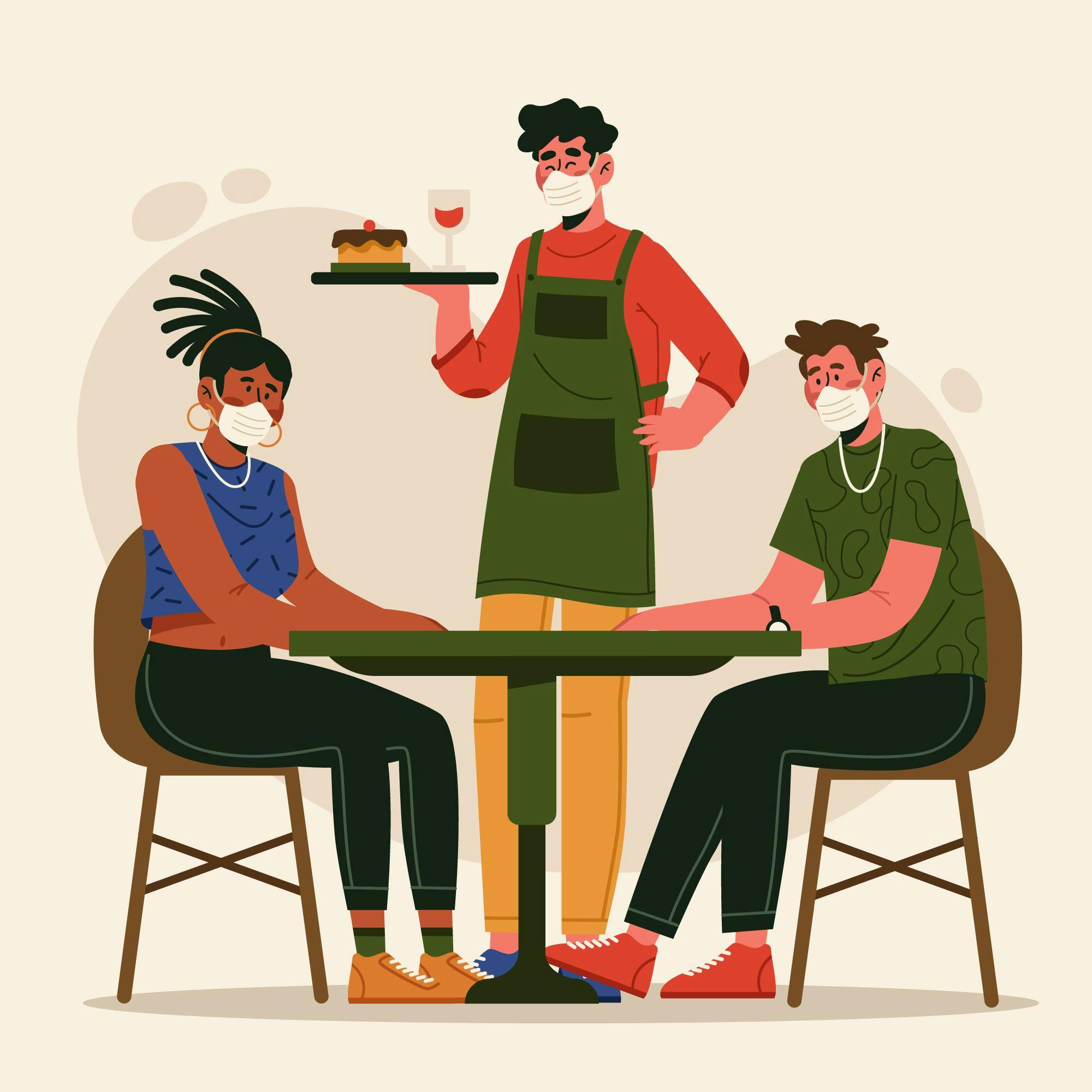 illustration mann bedient zwei kunden in seinem restaurant