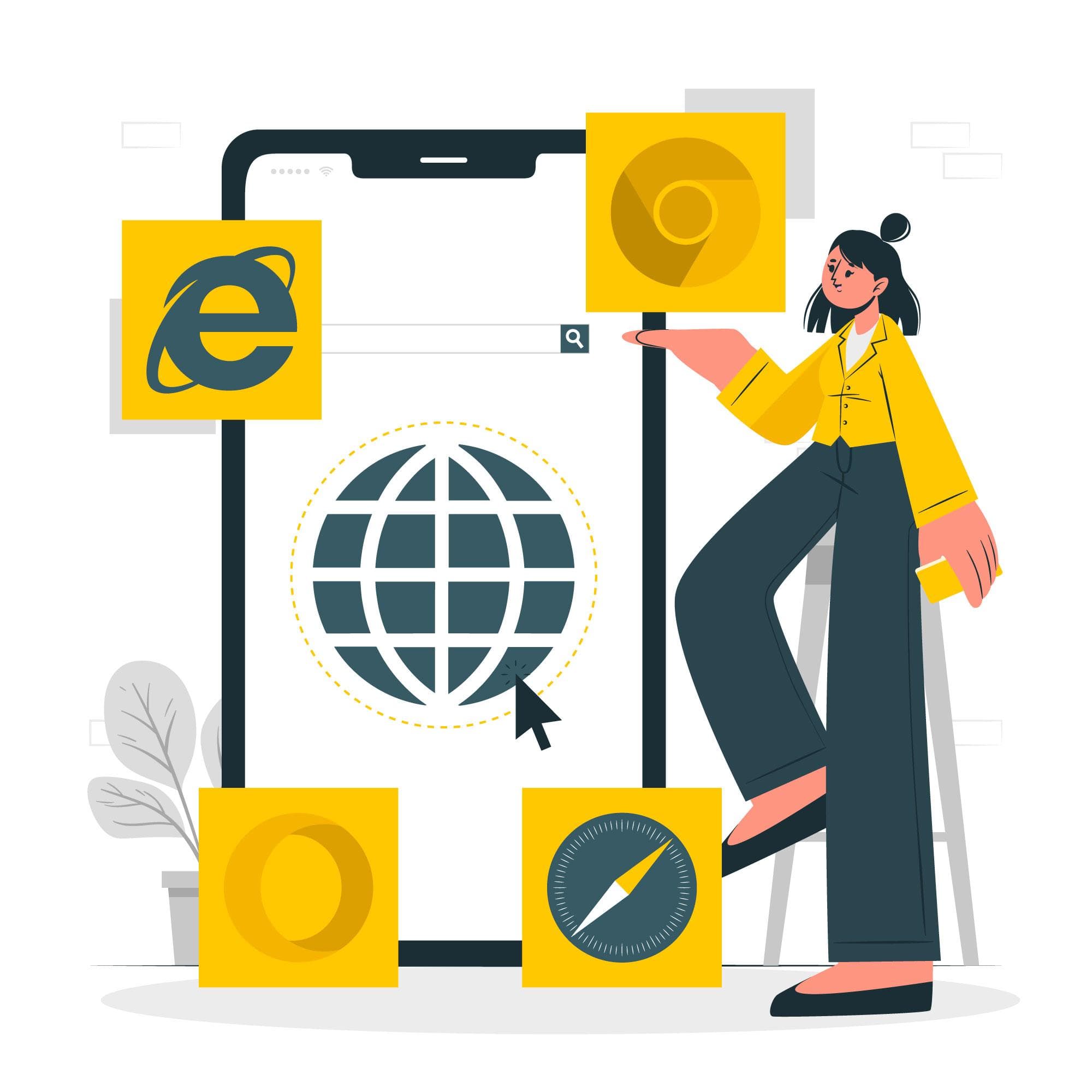 illustration frau zeigt auf smartphone mit vier verschiedenen browsericons