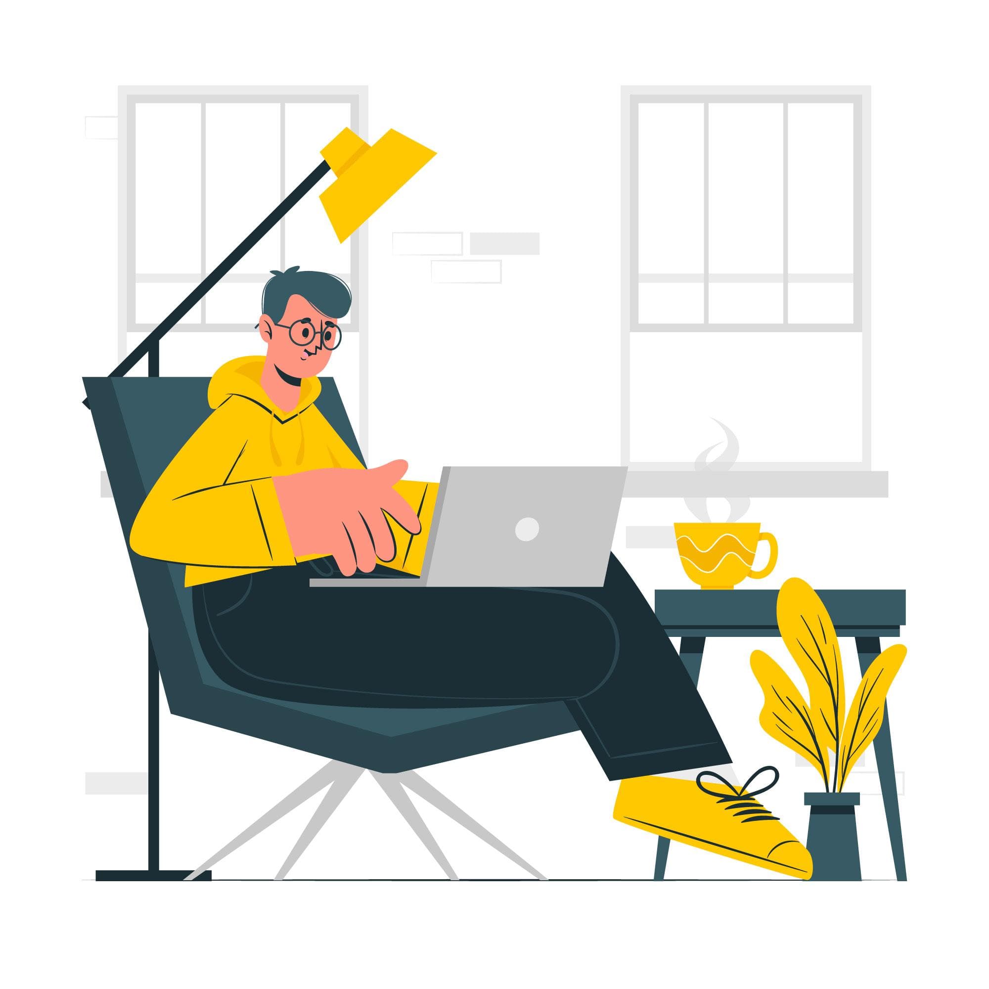 Illustration Freelancer der in seiner Wohnung an seinem laptop seine eigene website erstellt