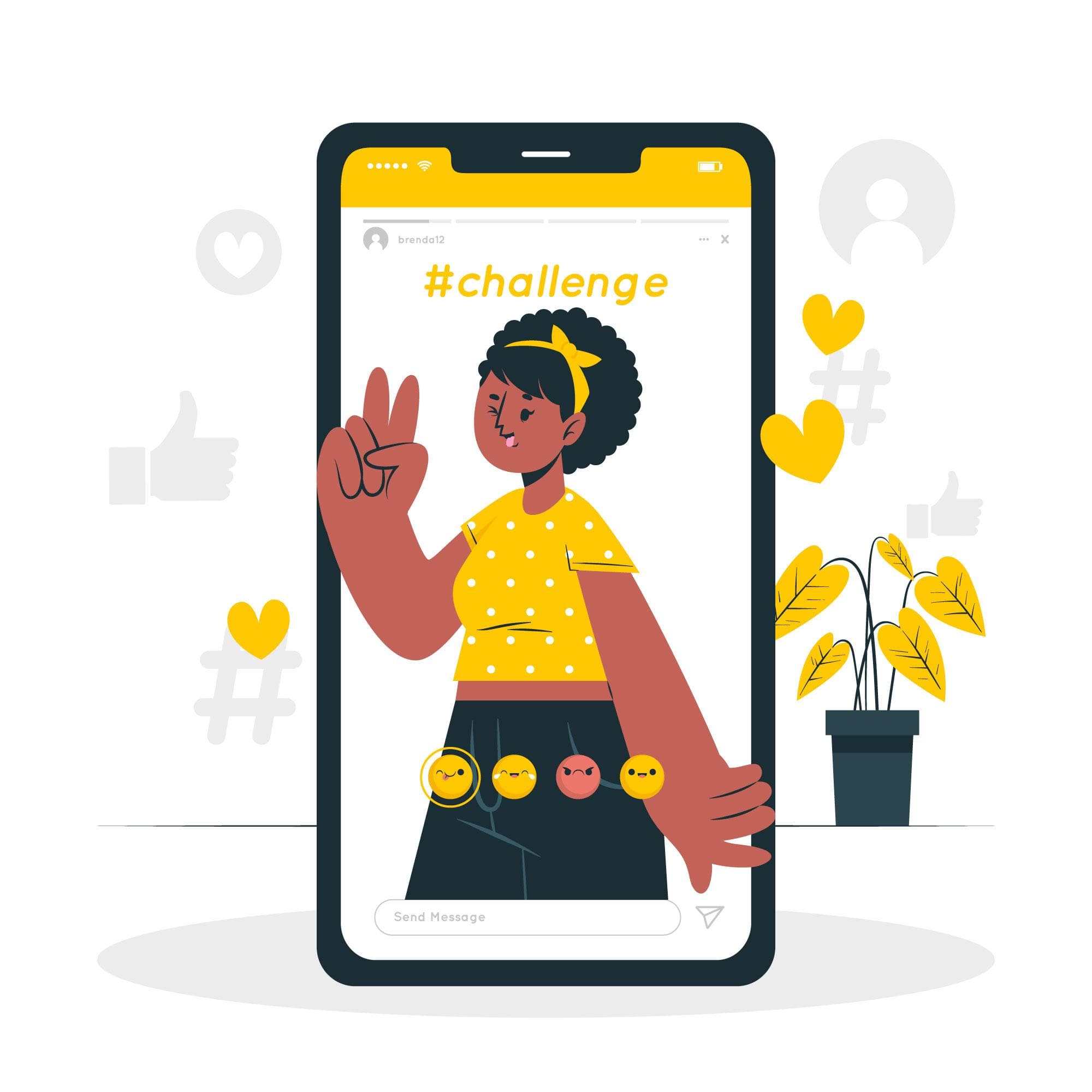 illustration frau in einem handy zeigt peace zeichen