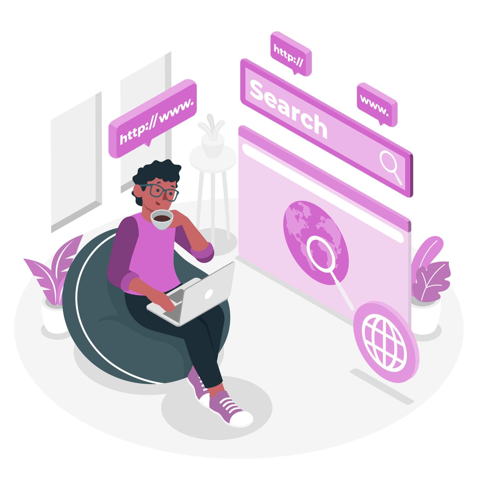 illustration mann sucht im internet an seinem laptop