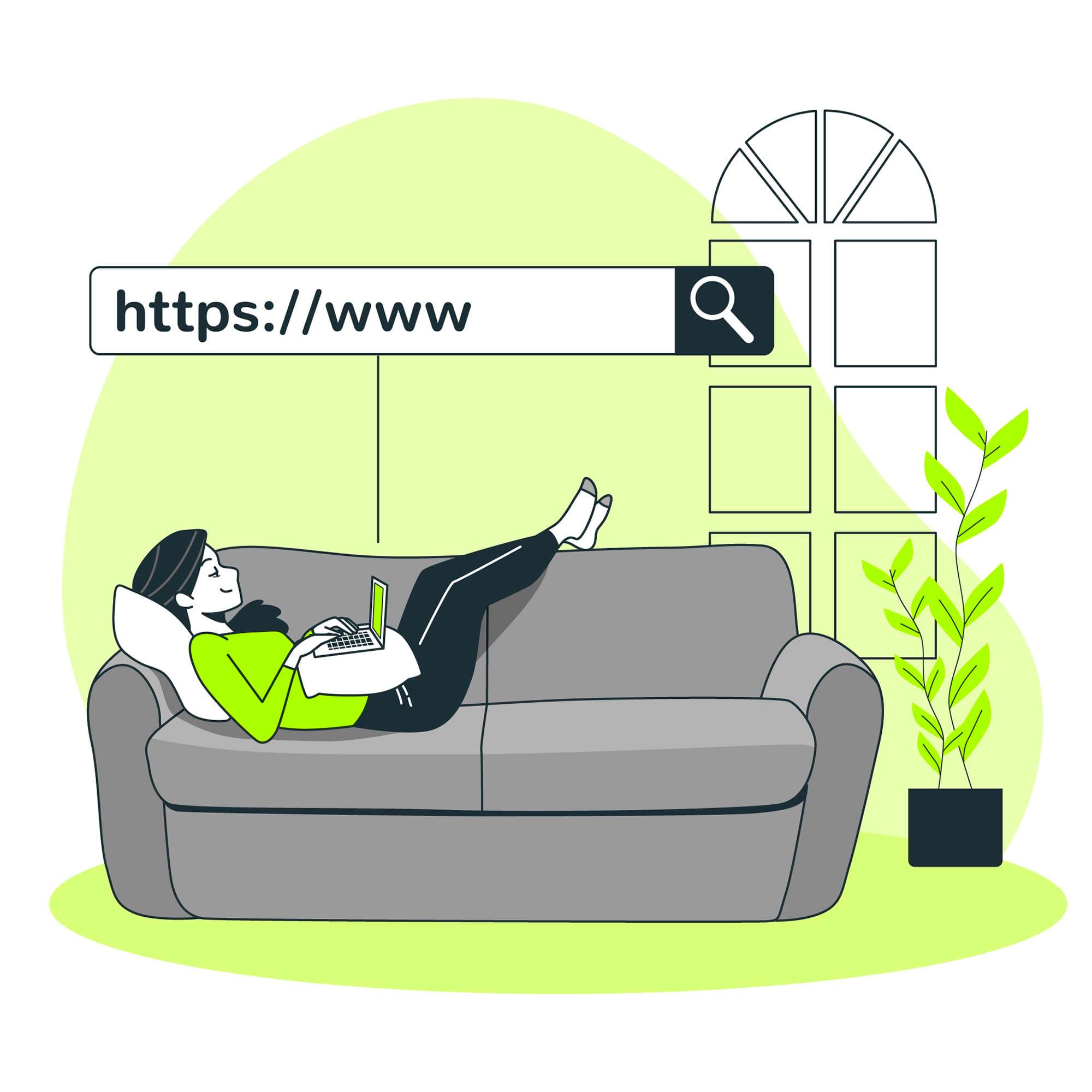 illustration frau arbeitet auf couch an ihrer website und stellt sie auf https um