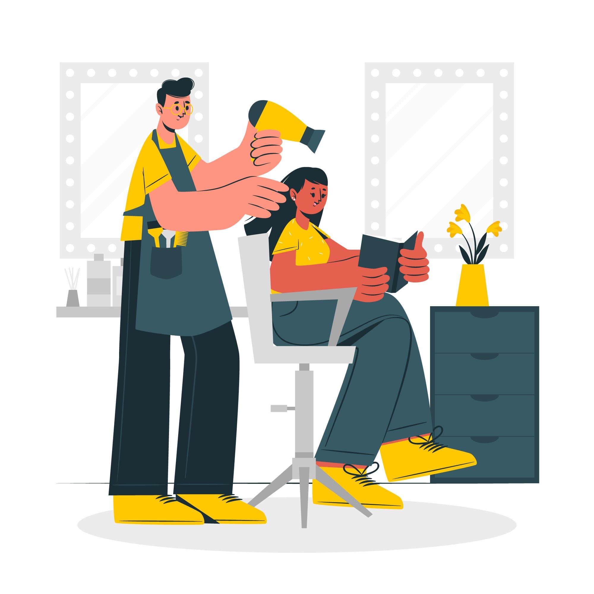 illustration friseur föhnt kundin die haare während sie ein buch liest