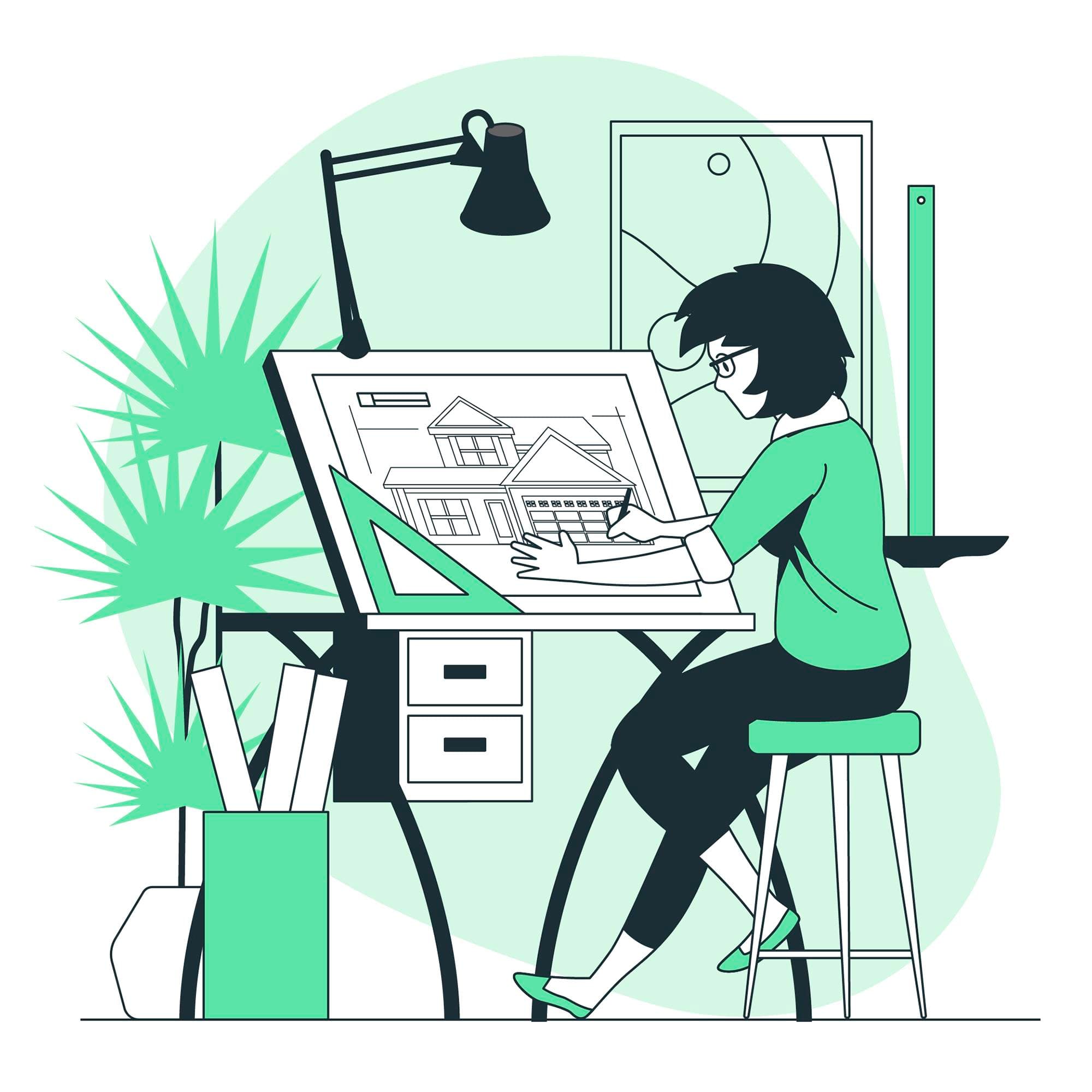 illustration architektin bearbeitet einen bauplan