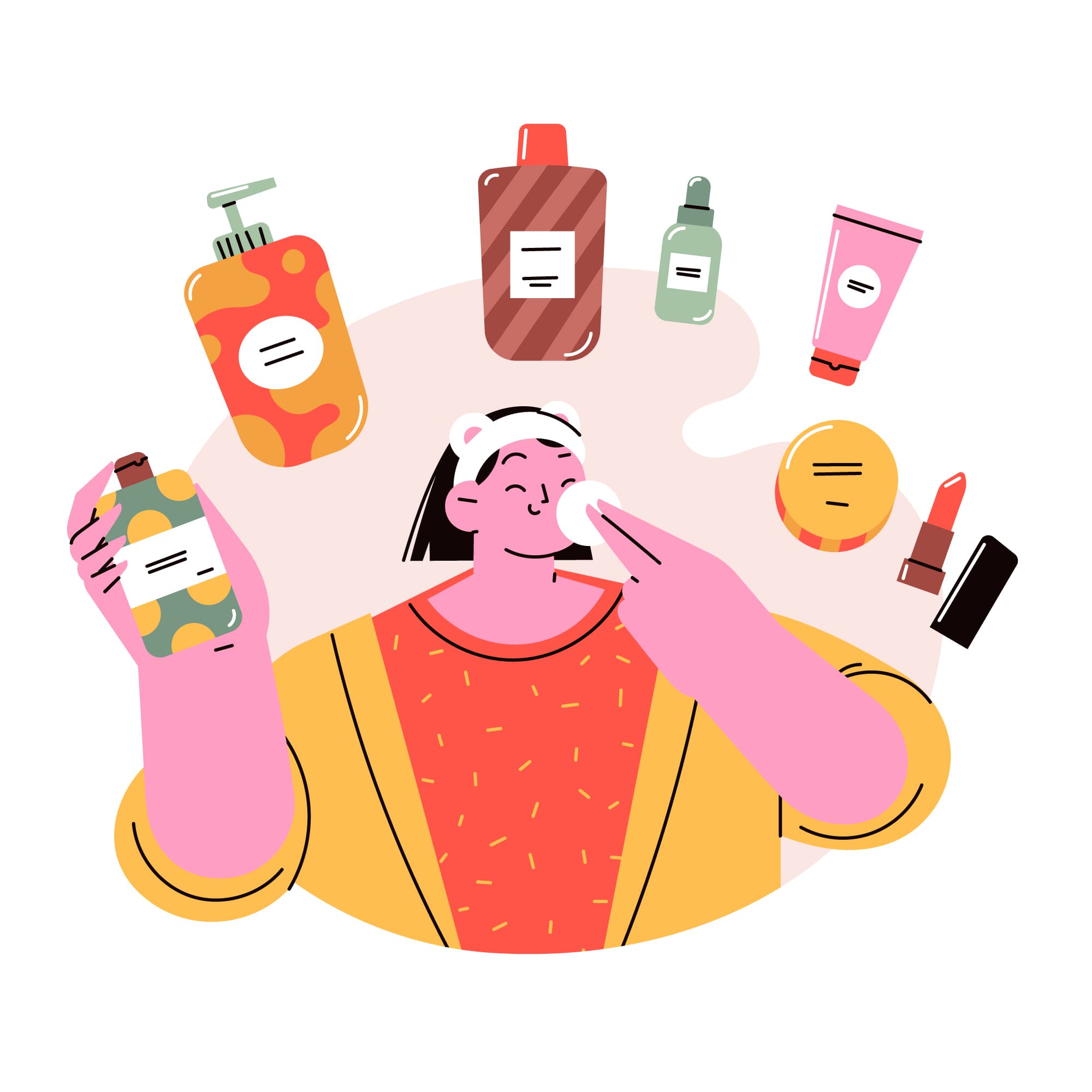illustration frau nutzt kosmetikprodukte auf ihrem Gesicht