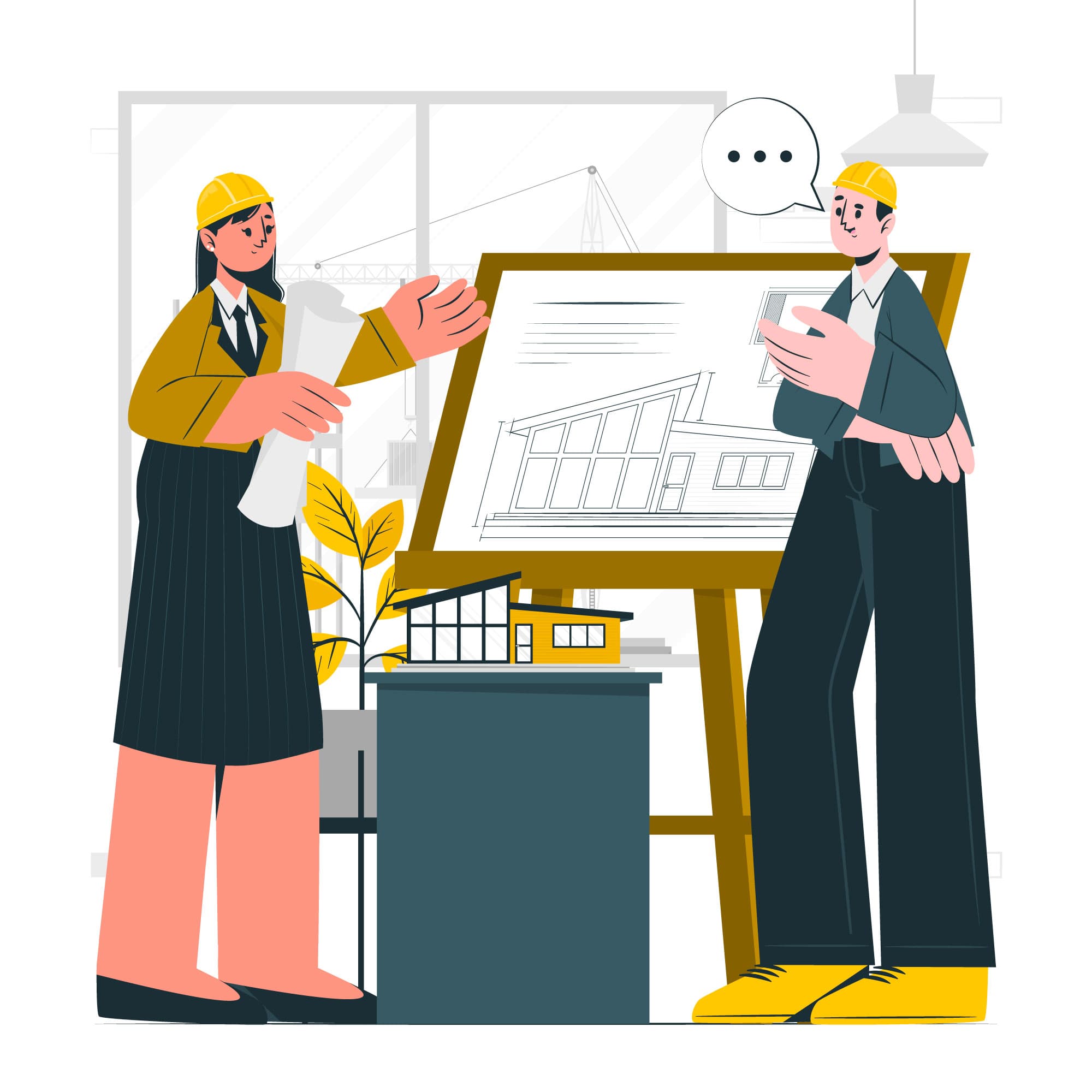 illustration zwei architekten besprechen einen bauplan