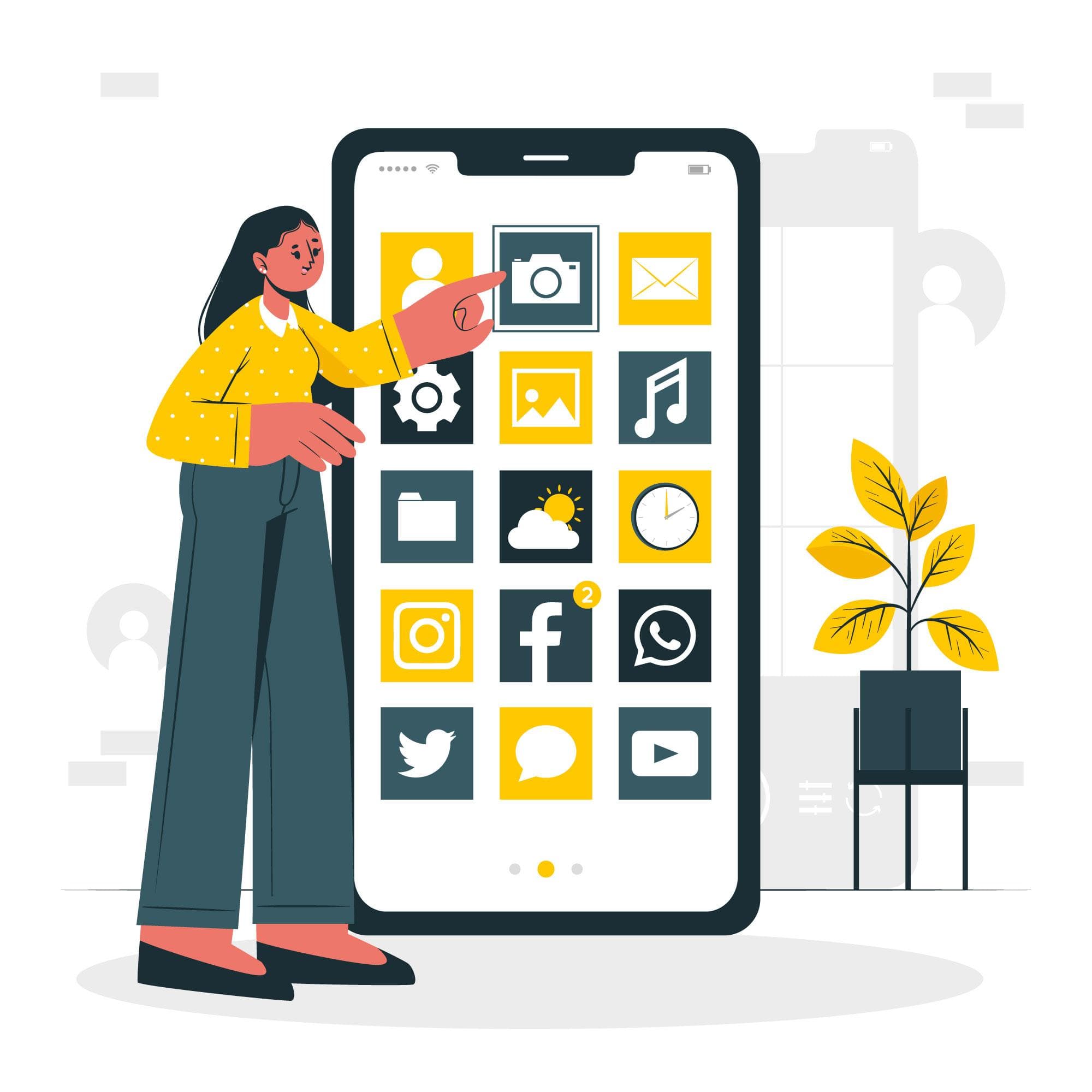 illustration frau wählt app auf handy aus