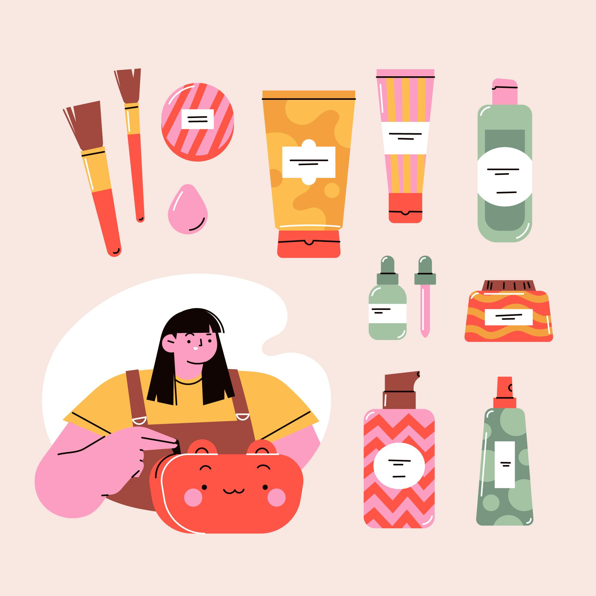 illustration frau zeigt auf kosmetiktasche neben verschiedenen kosmetikprodukten