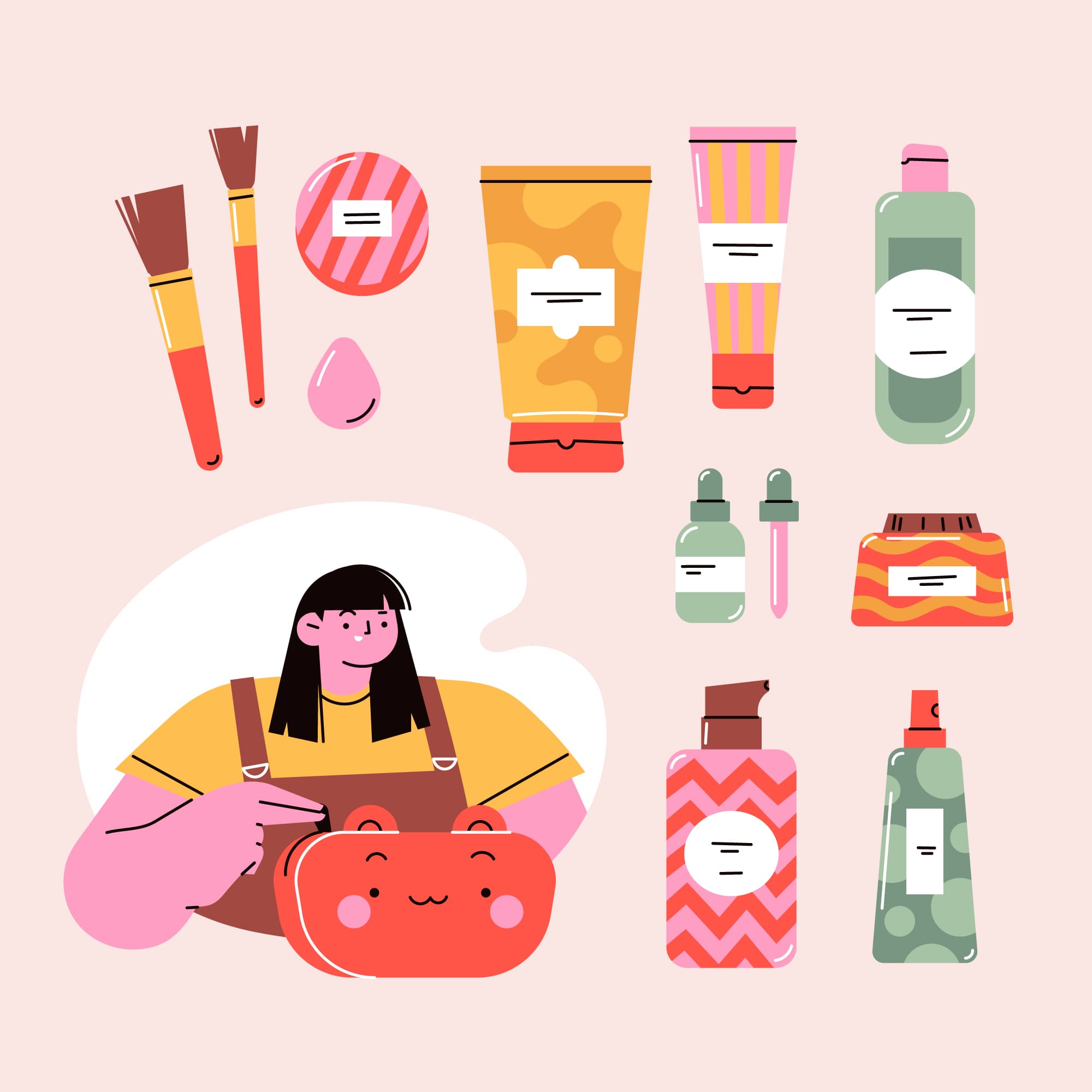 illustration frau zeigt auf kosmetiktasche neben verschiedenen kosmetikprodukten