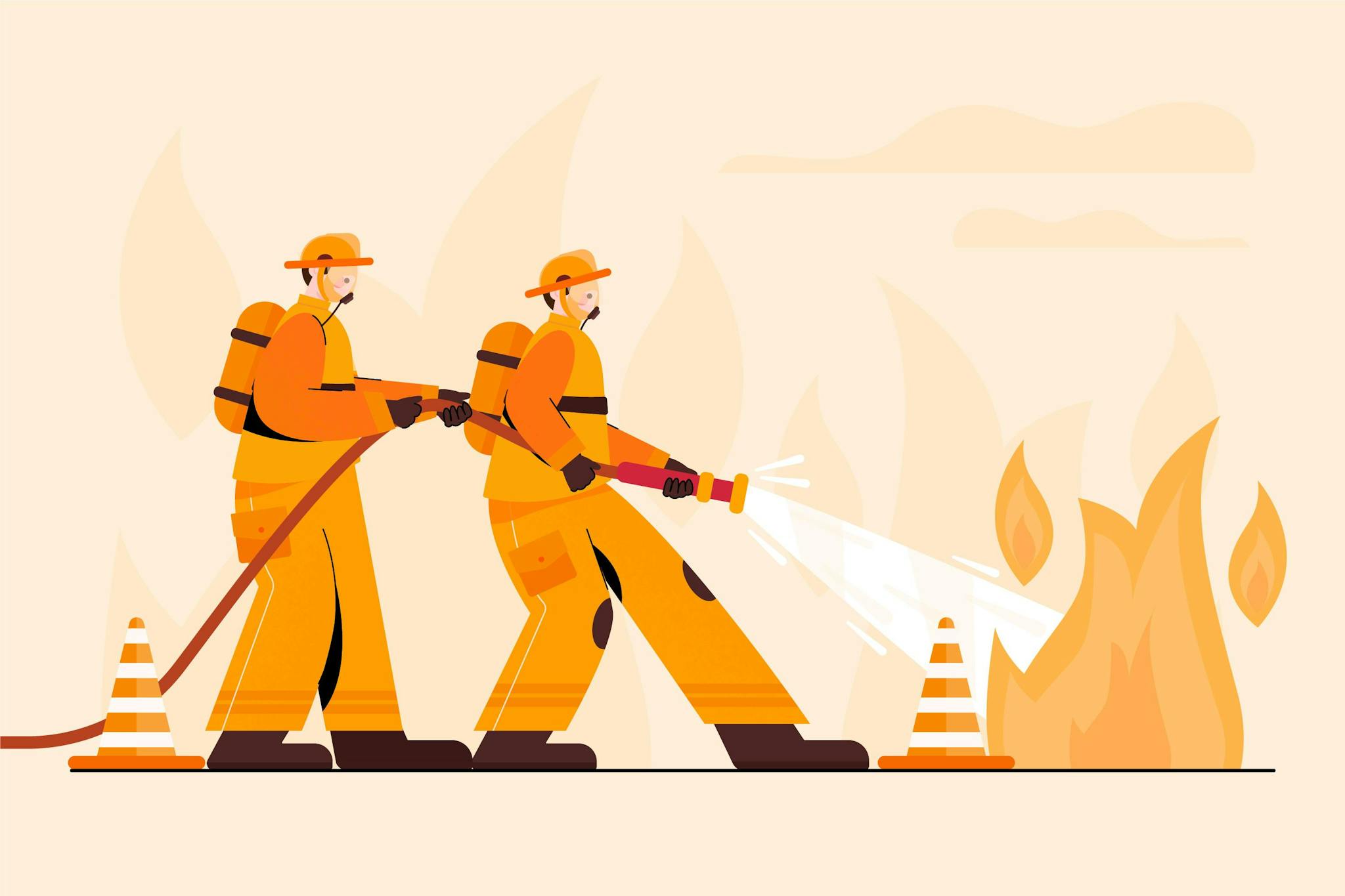 Illustration zwei feuerwehrmänner löschen ein feuer mit wasser