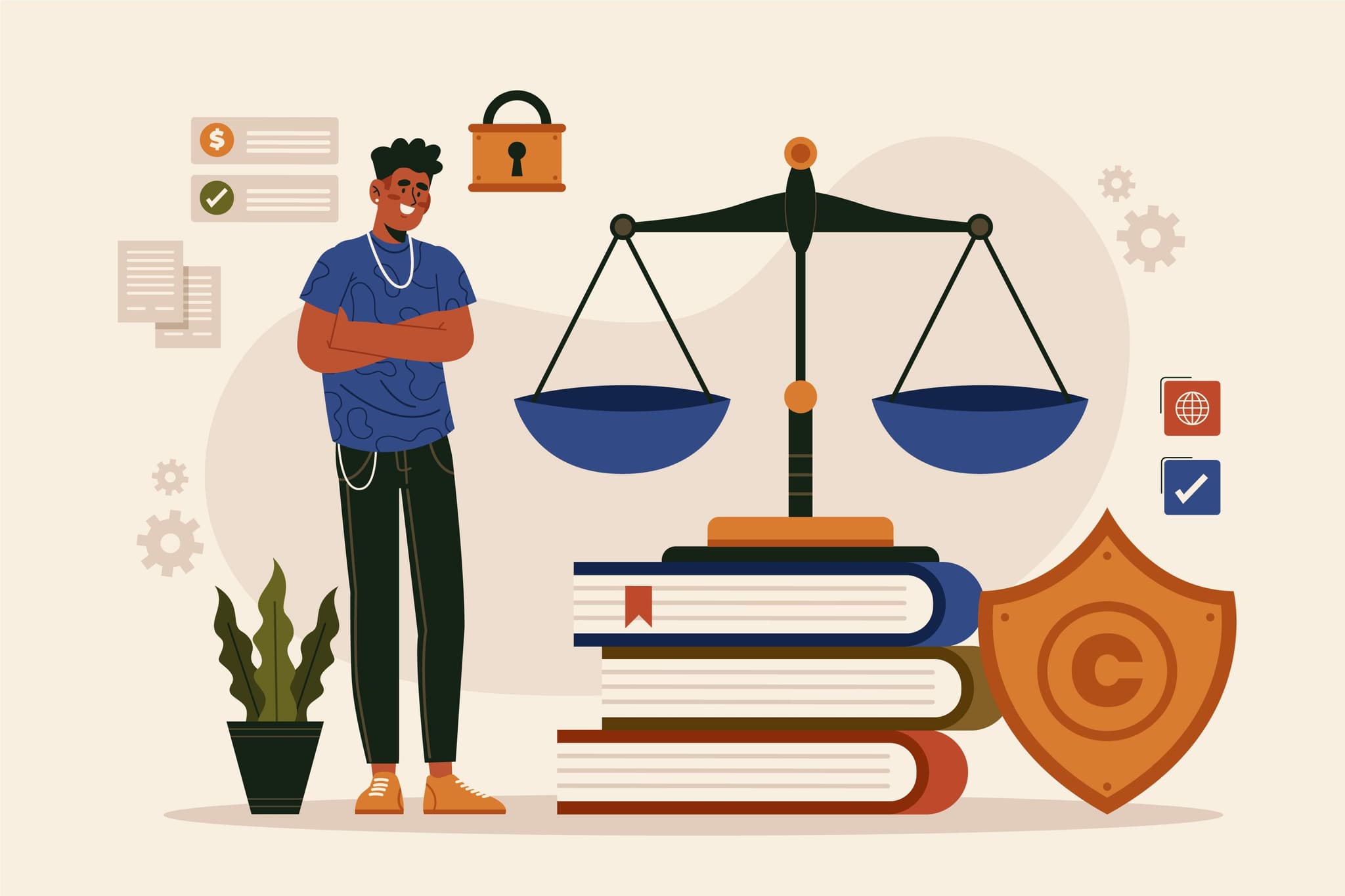 illustration mann steht neben büchern und waage