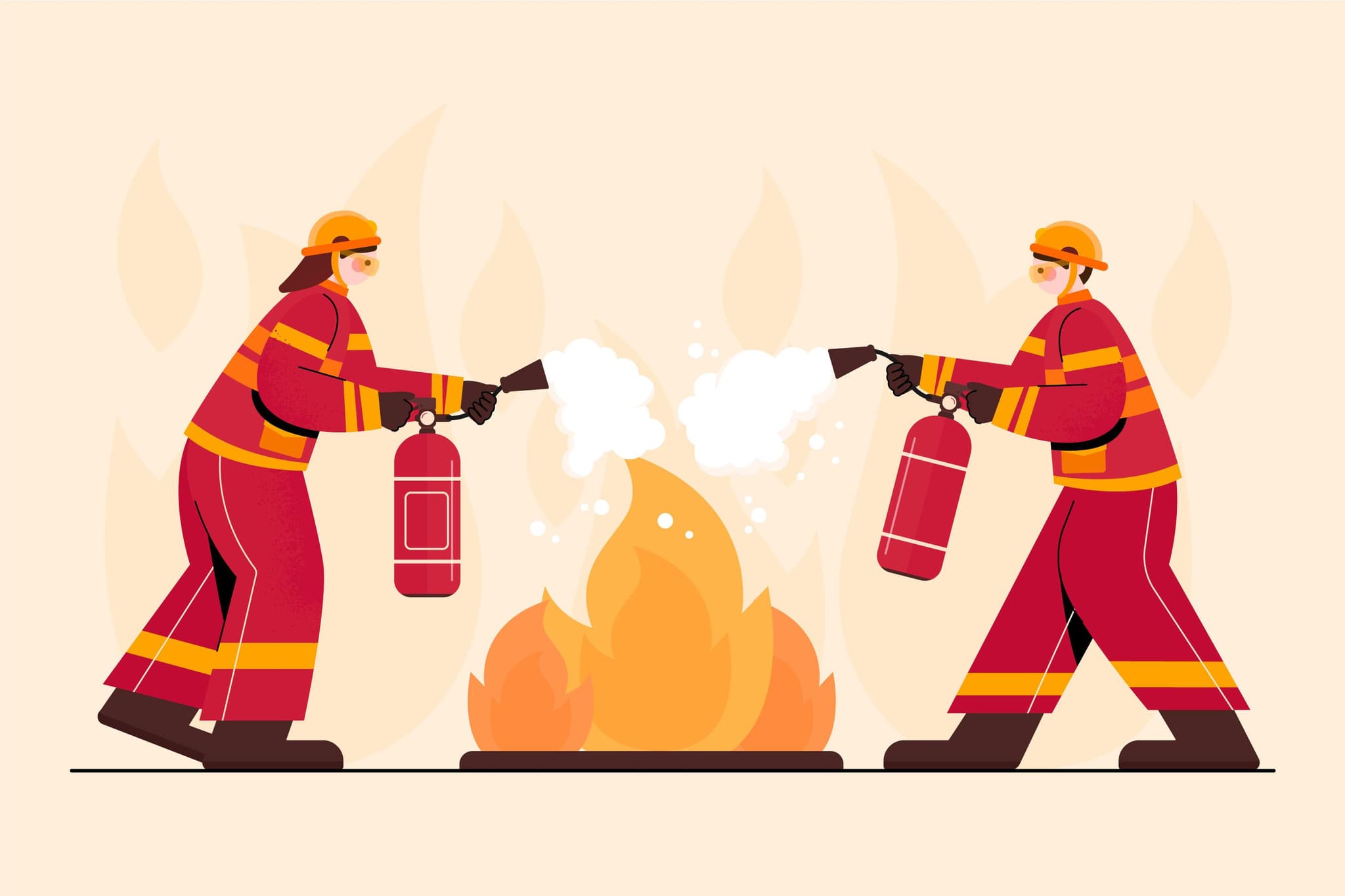 illustration ein feuerwehrmann und eine feuerwehrfrau löschen mit feuerlöschern ein feuer