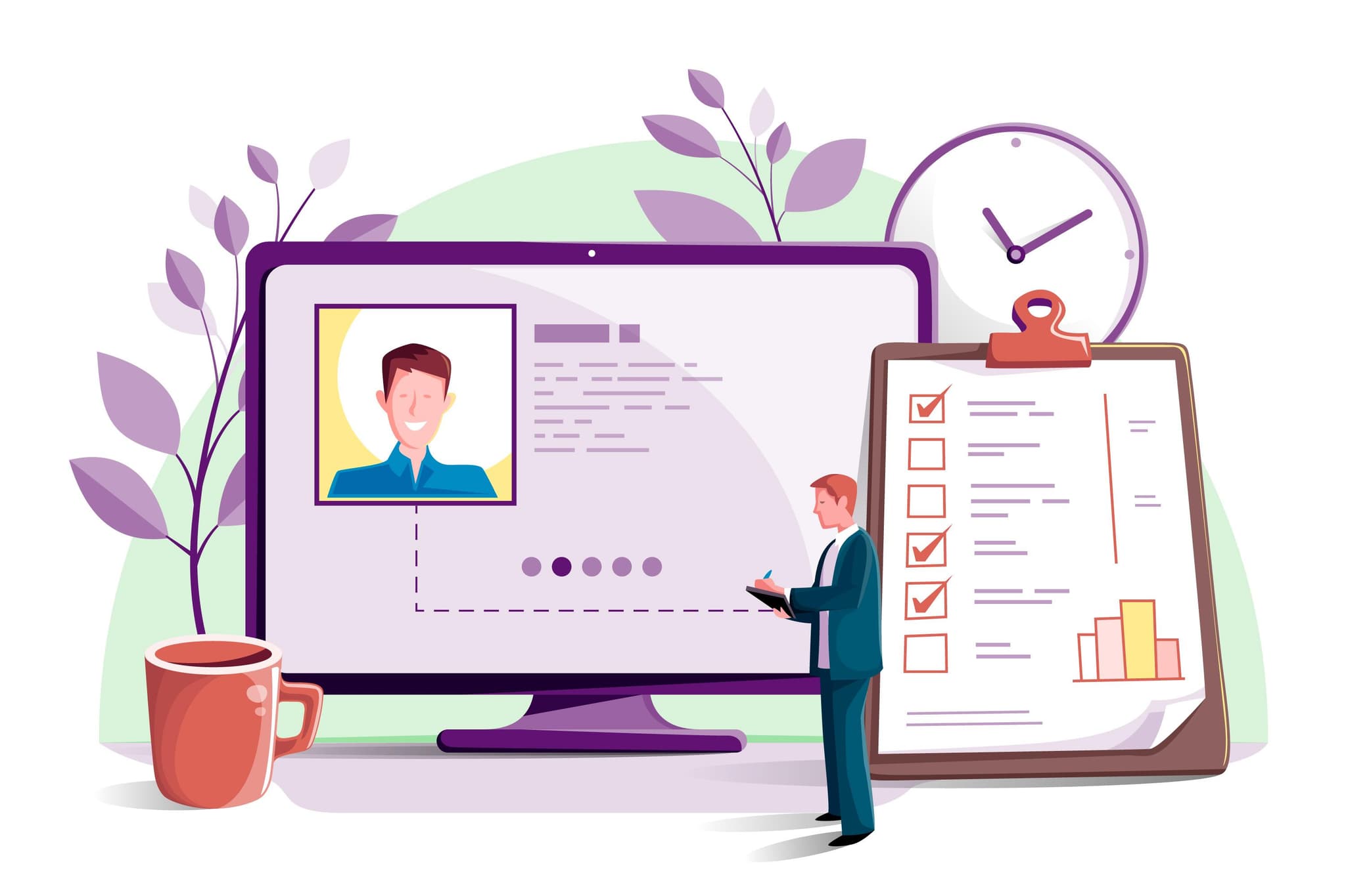 illustration mann erstellt seine Bewerbungswebsite und prüft mit einer checkliste ob er alles wichtige drin hat
