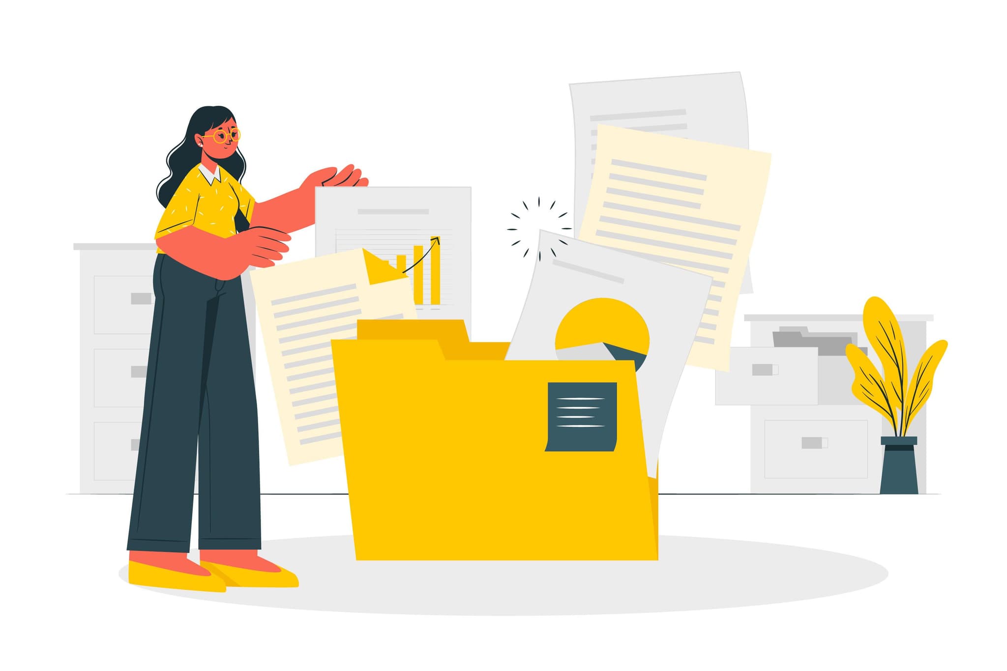illustration frau heftet dateien ab