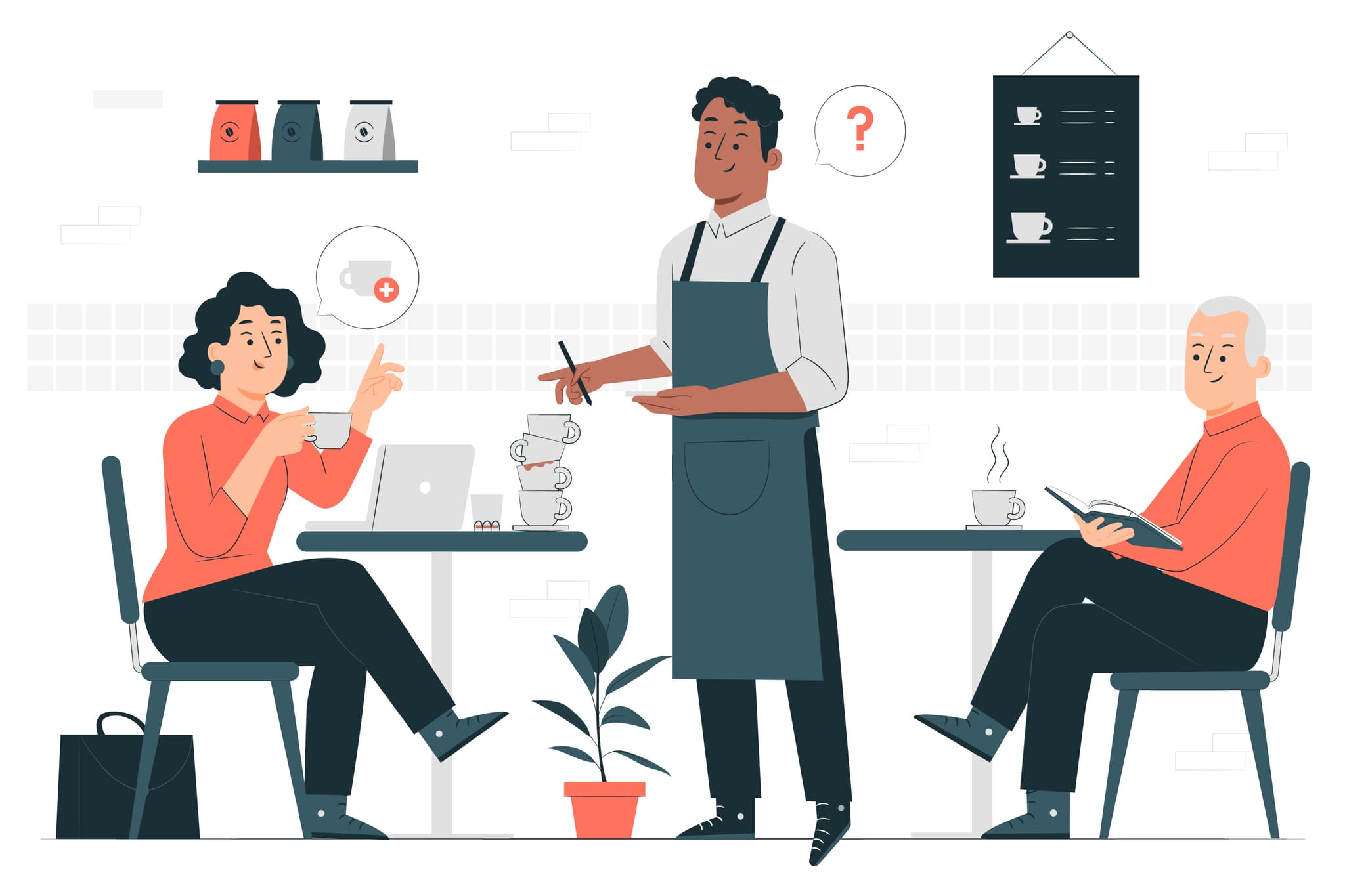 illustration mann bedient kundin in seinem restaurant