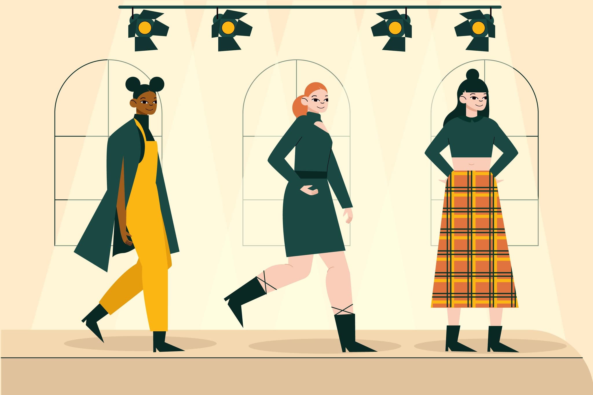 illustration drei model stehen auf einem laufsteg mit scheinwerfern