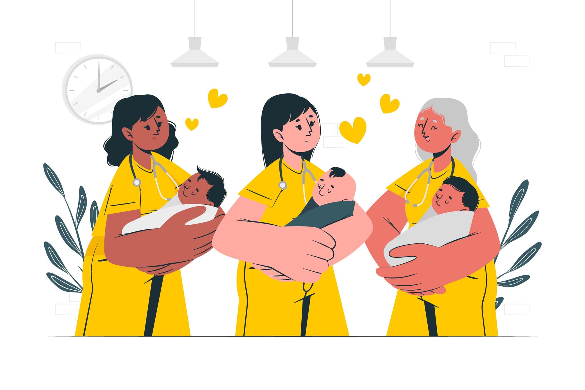 Illustration drei Hebammen kümmern sich um babys