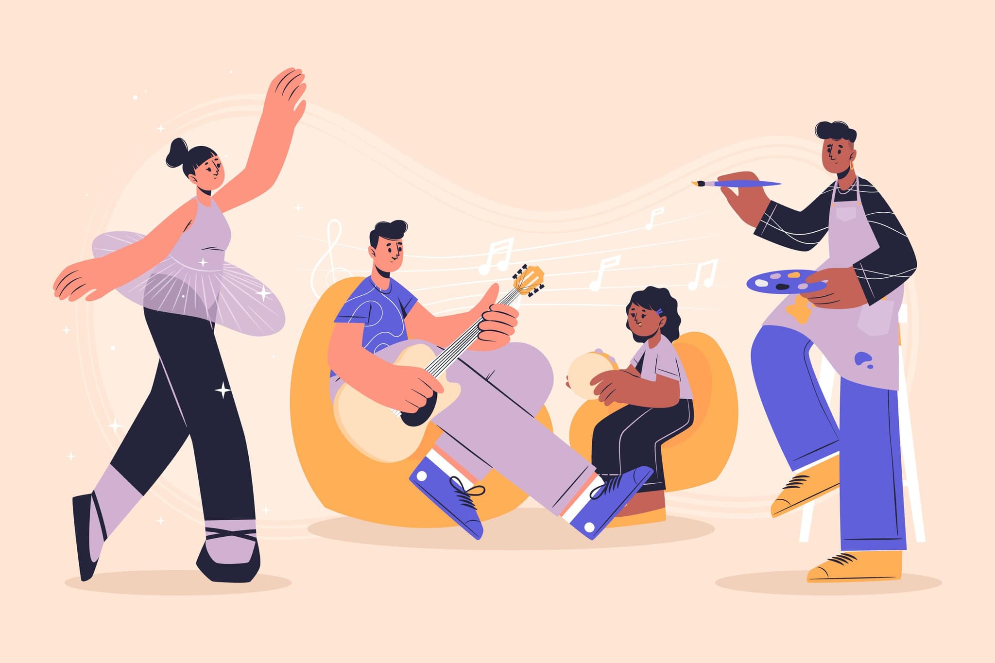 Illustration von 4 Leuten, die tanzen, musik und kunst machen