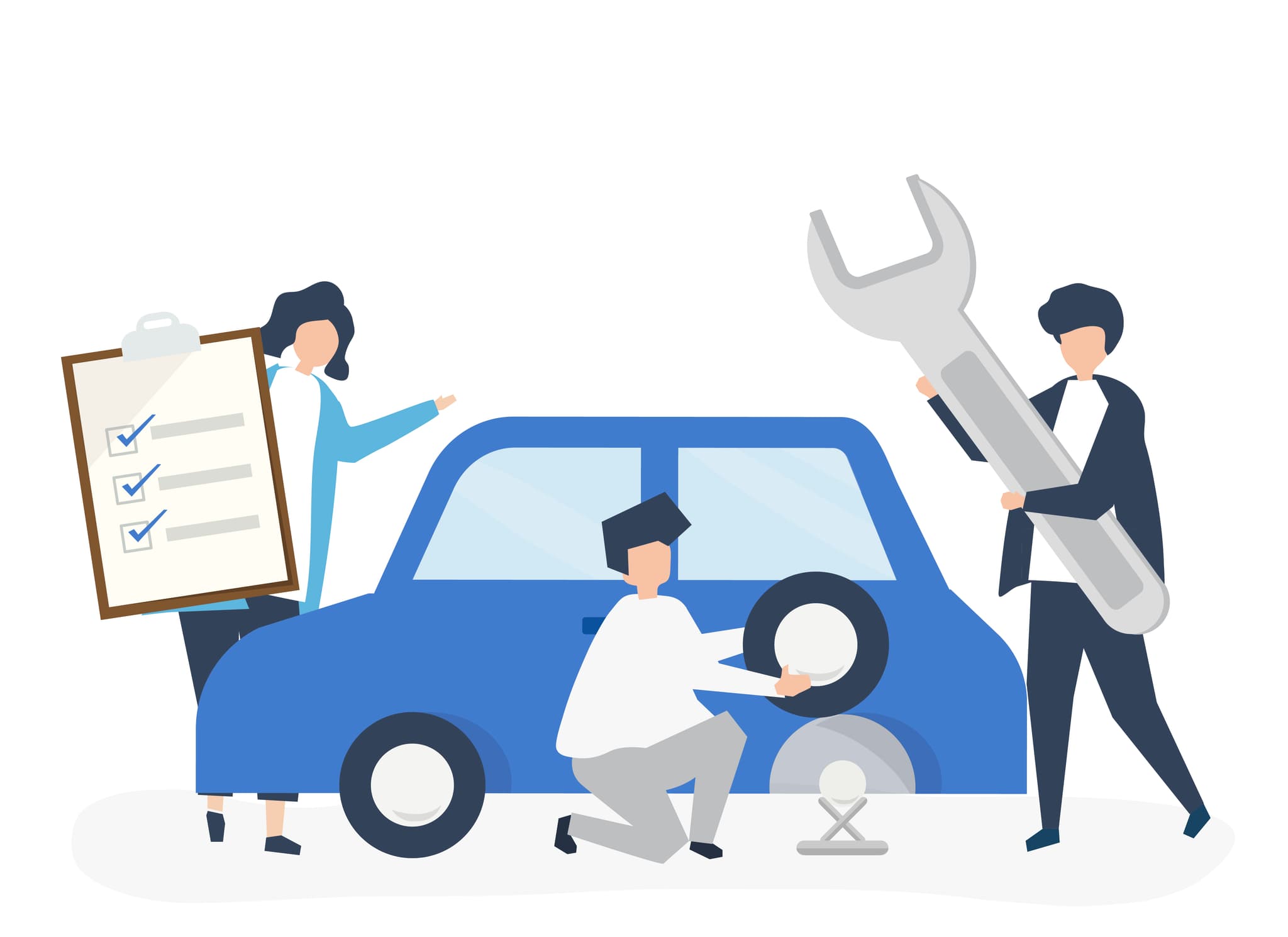 illustration drei kfz mechaniker reparieren den reifen eines autos