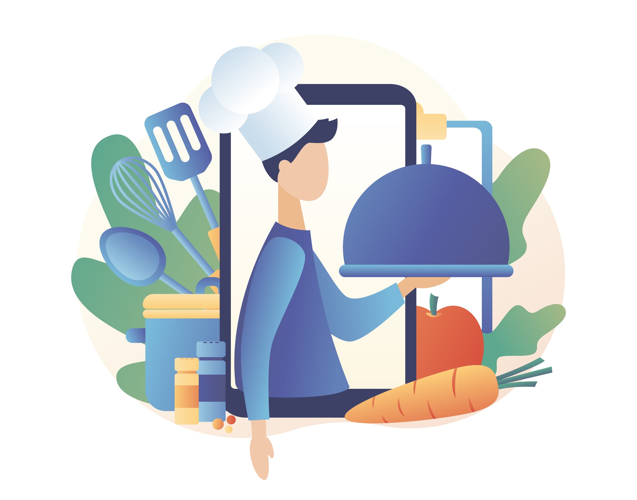 illustration koch mit tablett und kochuntensilien vor einem smartphone