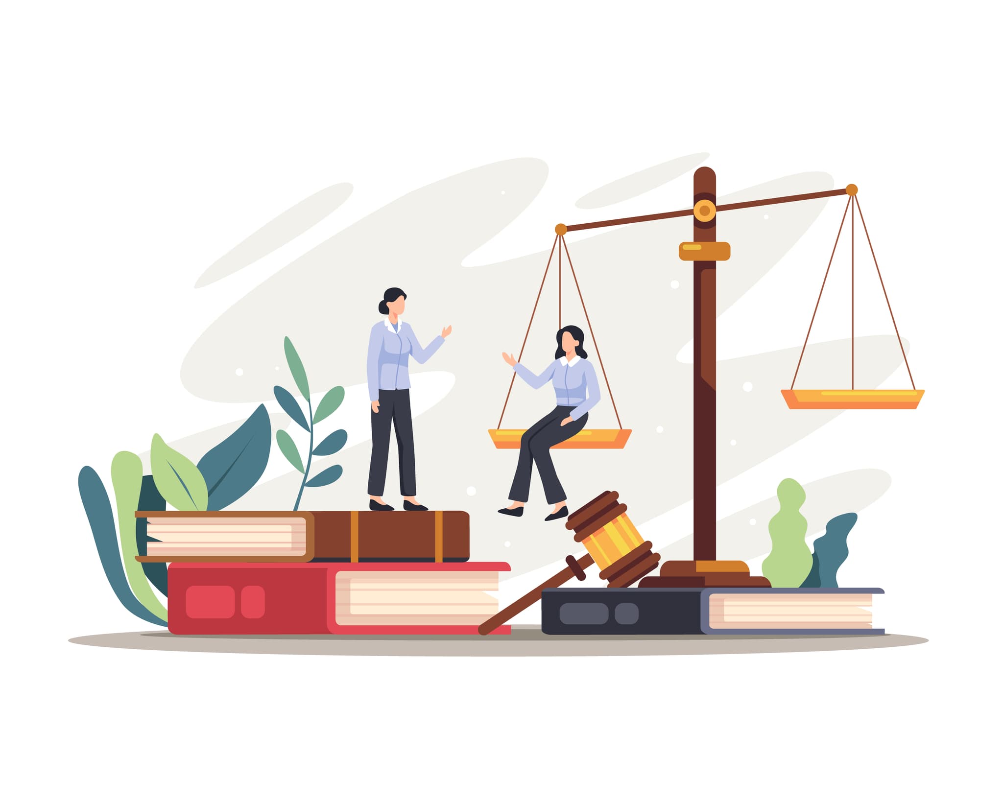 illustration zwei frauen sind auf büchern und einer waage