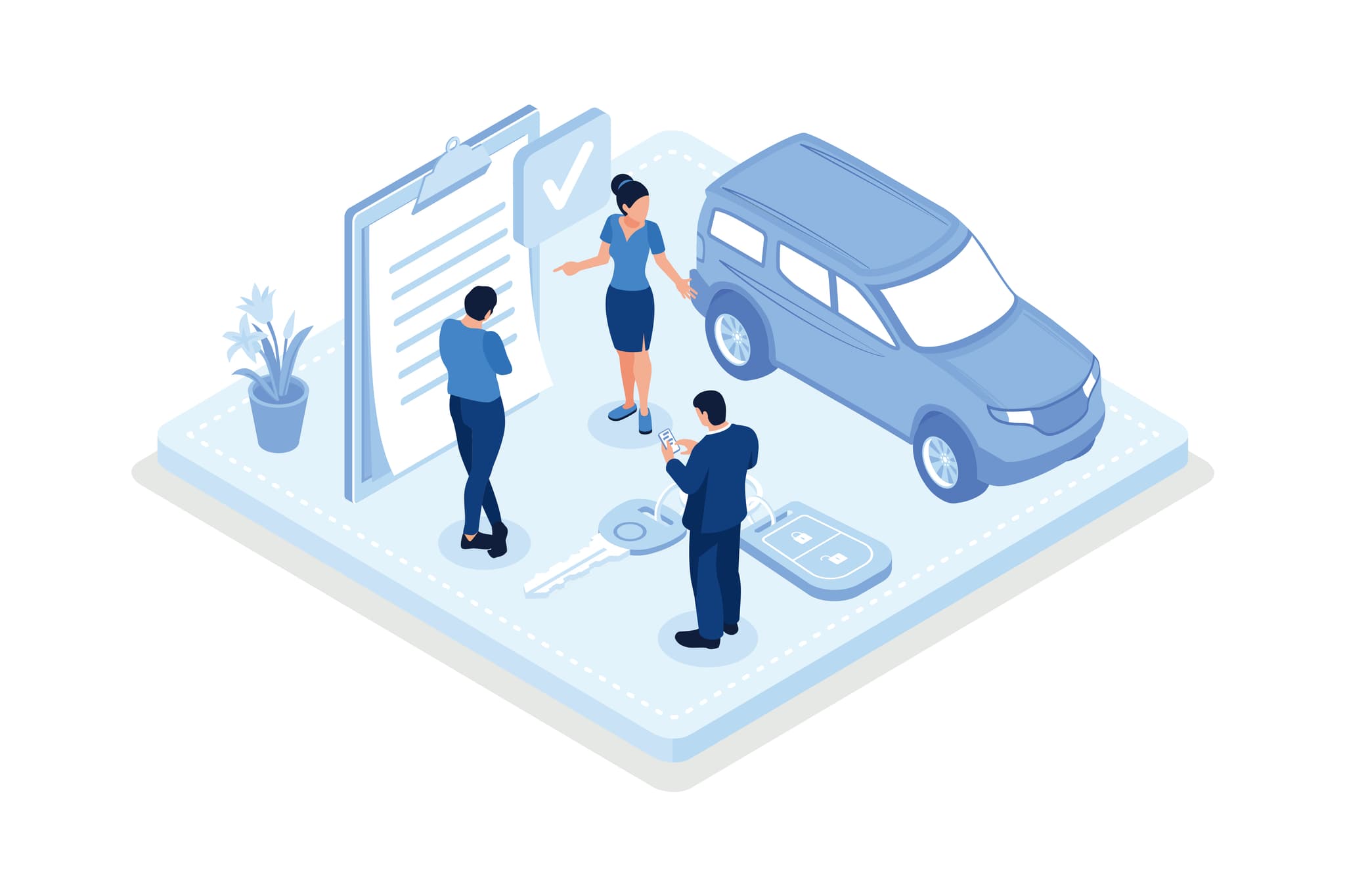 illustration autoverkäufer, der jungem paar ein auto verkauft