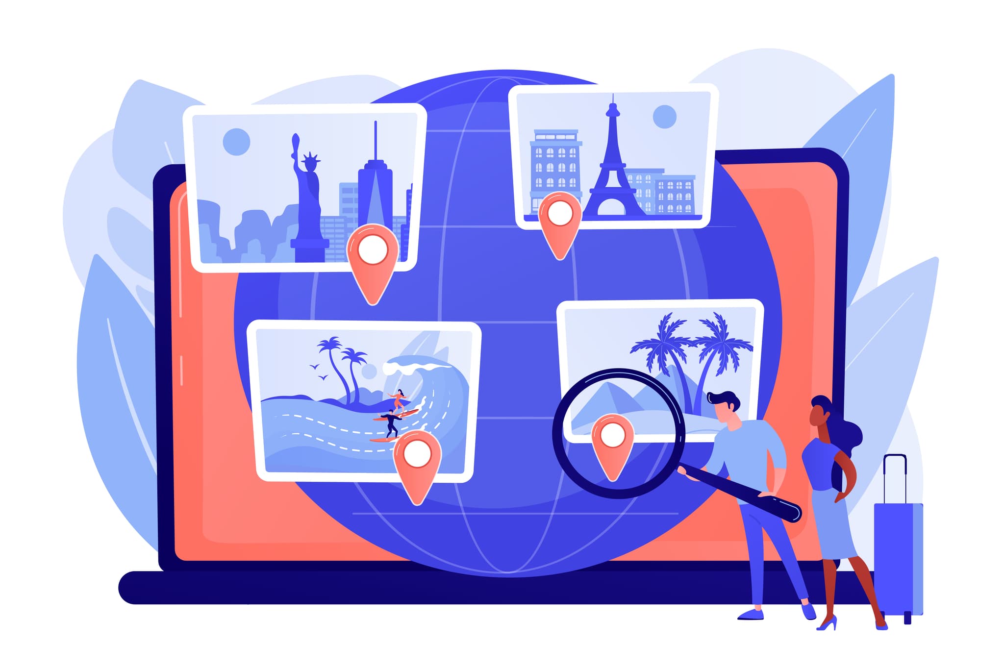 illustration zwei menschen stehen vor einem laptop mit einem reiseblog