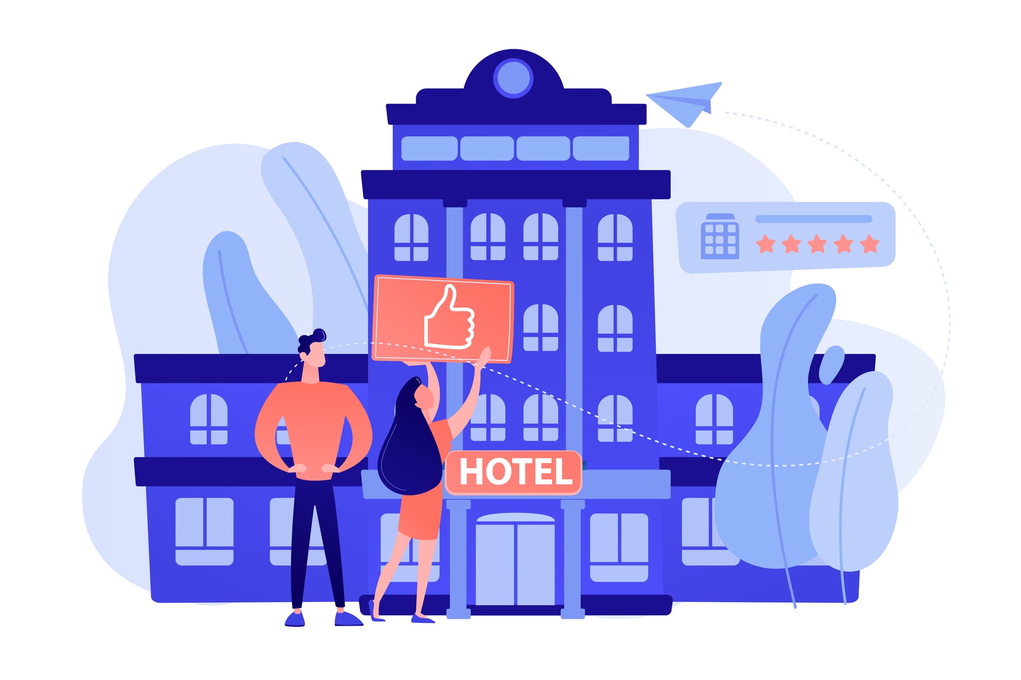 Illustration zwei leute halten einen like button vor einem hotel