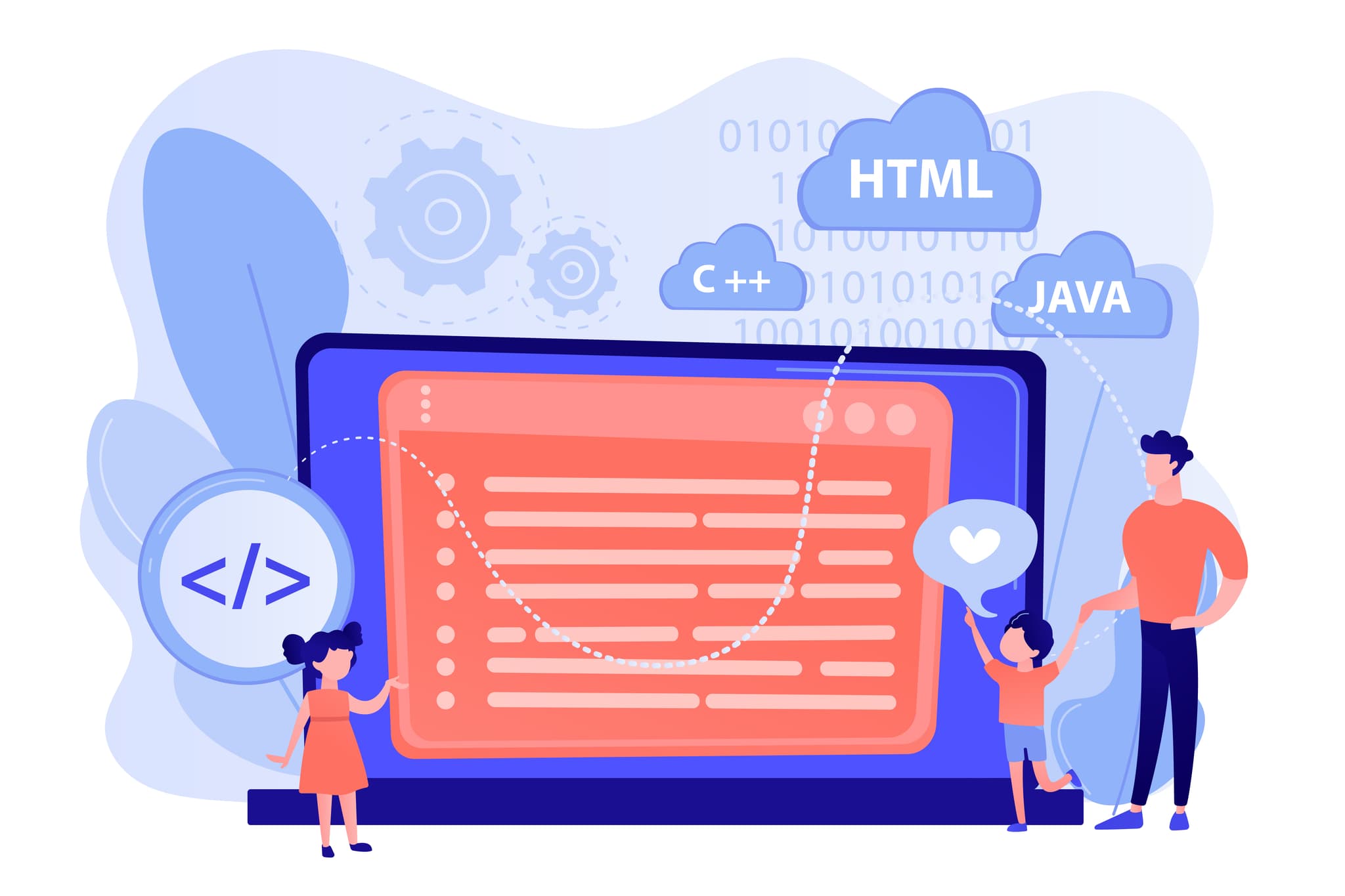 illustration mann zeigt seinen kindern internet und code