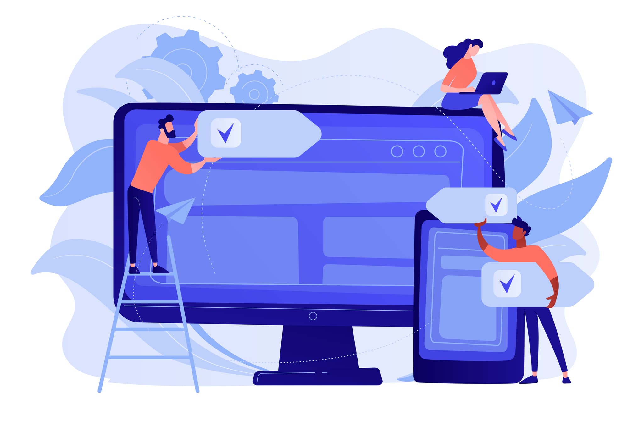 illustration drei menschen arbeiten an einer website