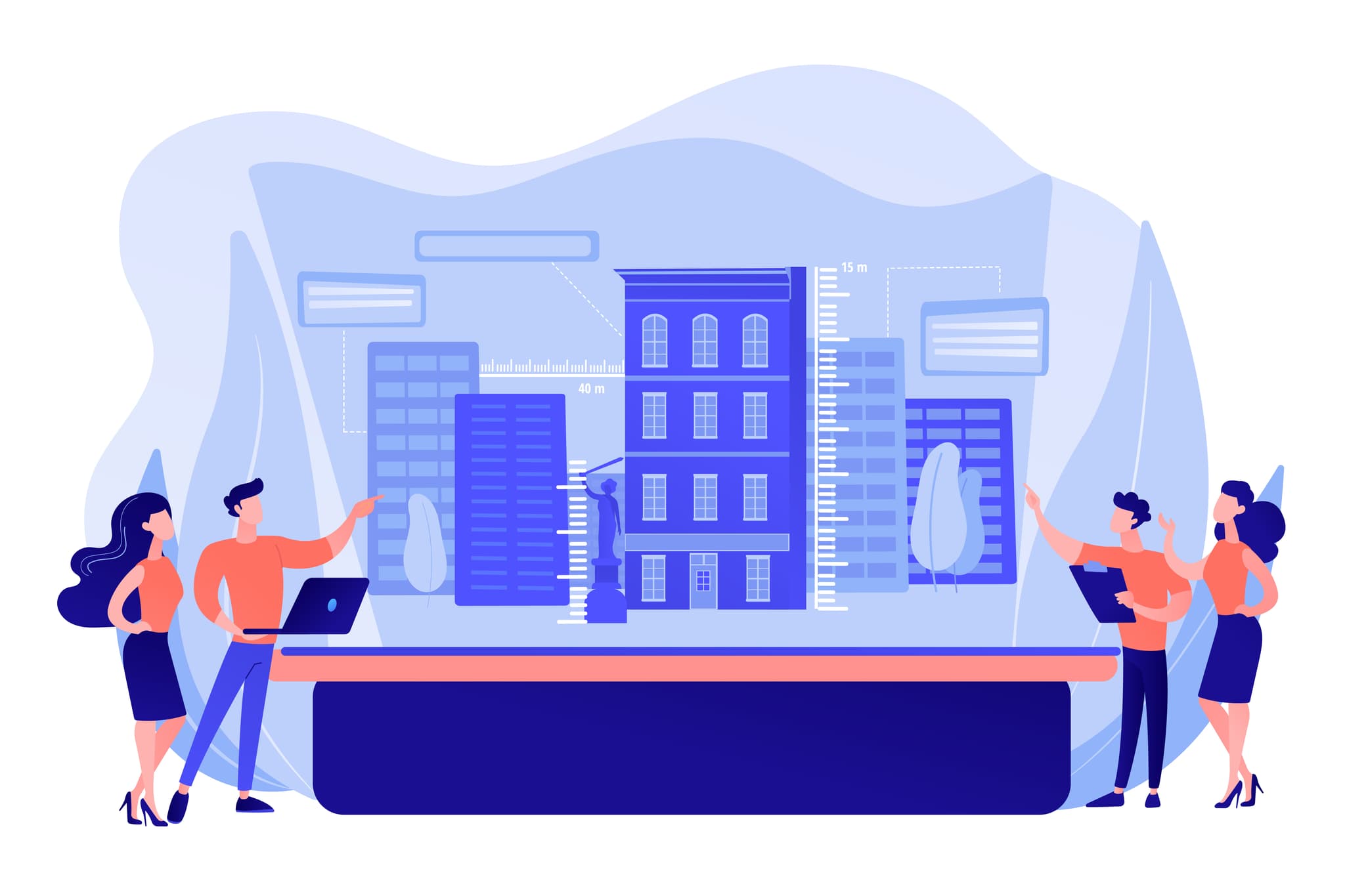 illustration 4 menschen besprechen einen business plan