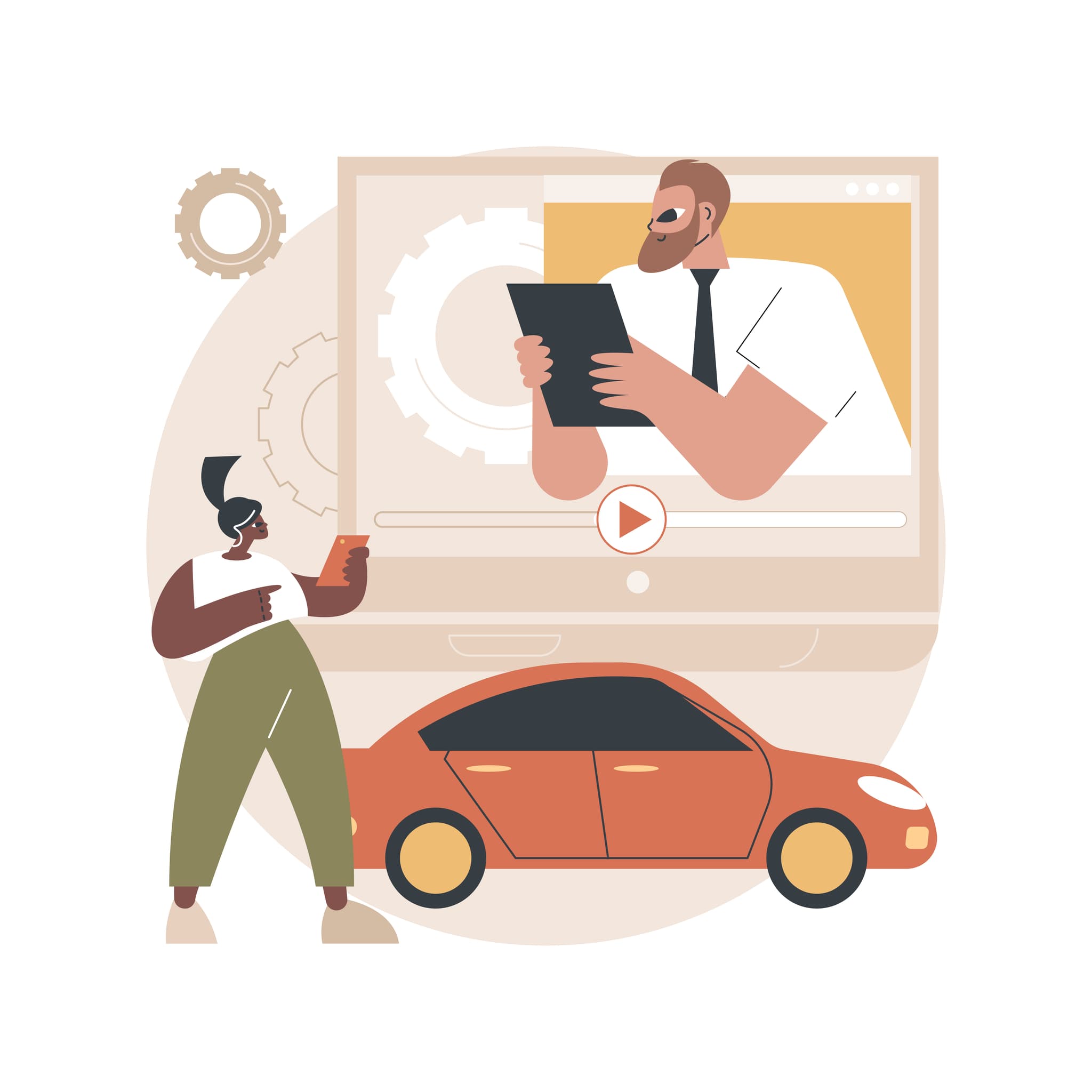 Illustration frau schaut ein video von einem mann über autos
