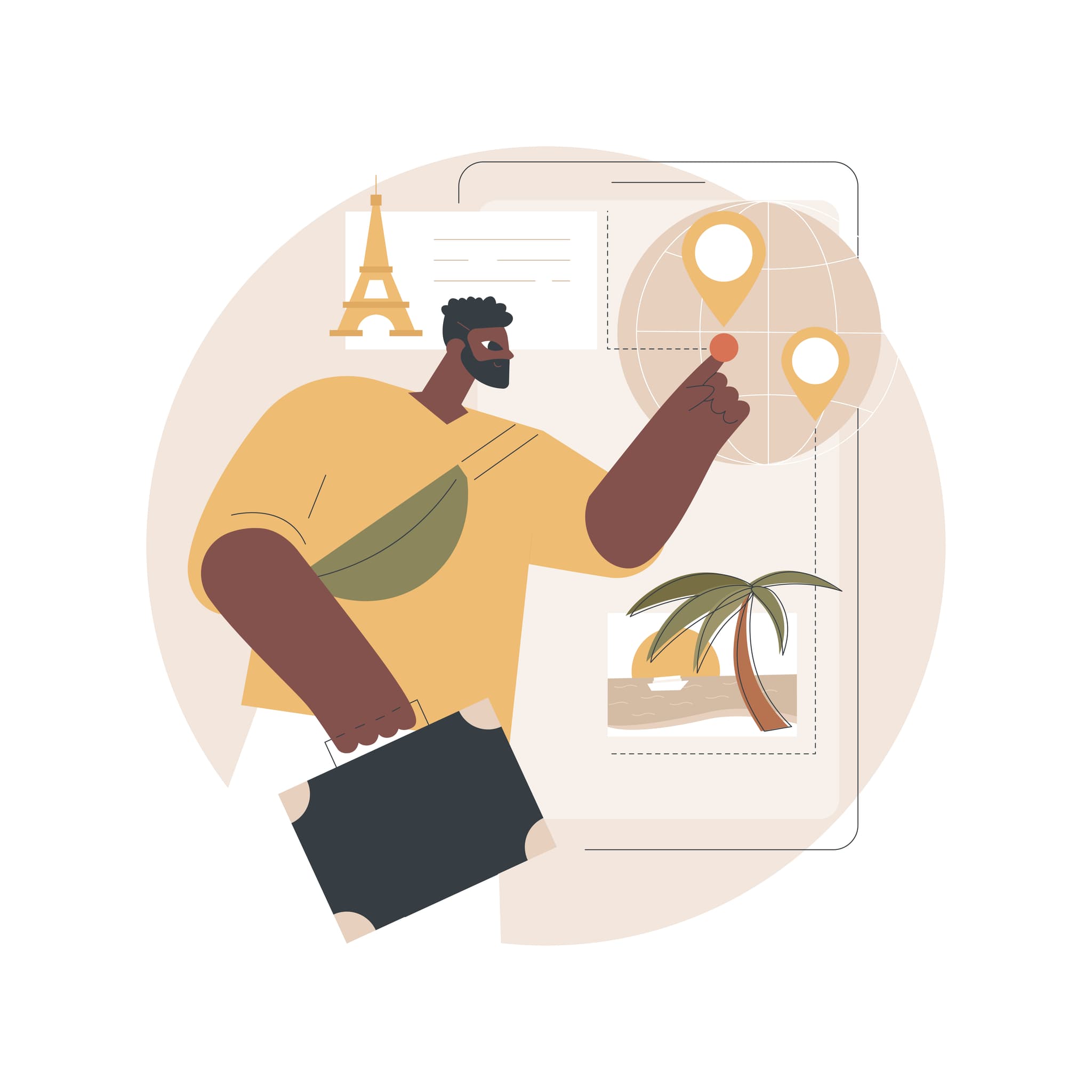 illustration reiseblogger zeigt auf punkt auf der landkarte