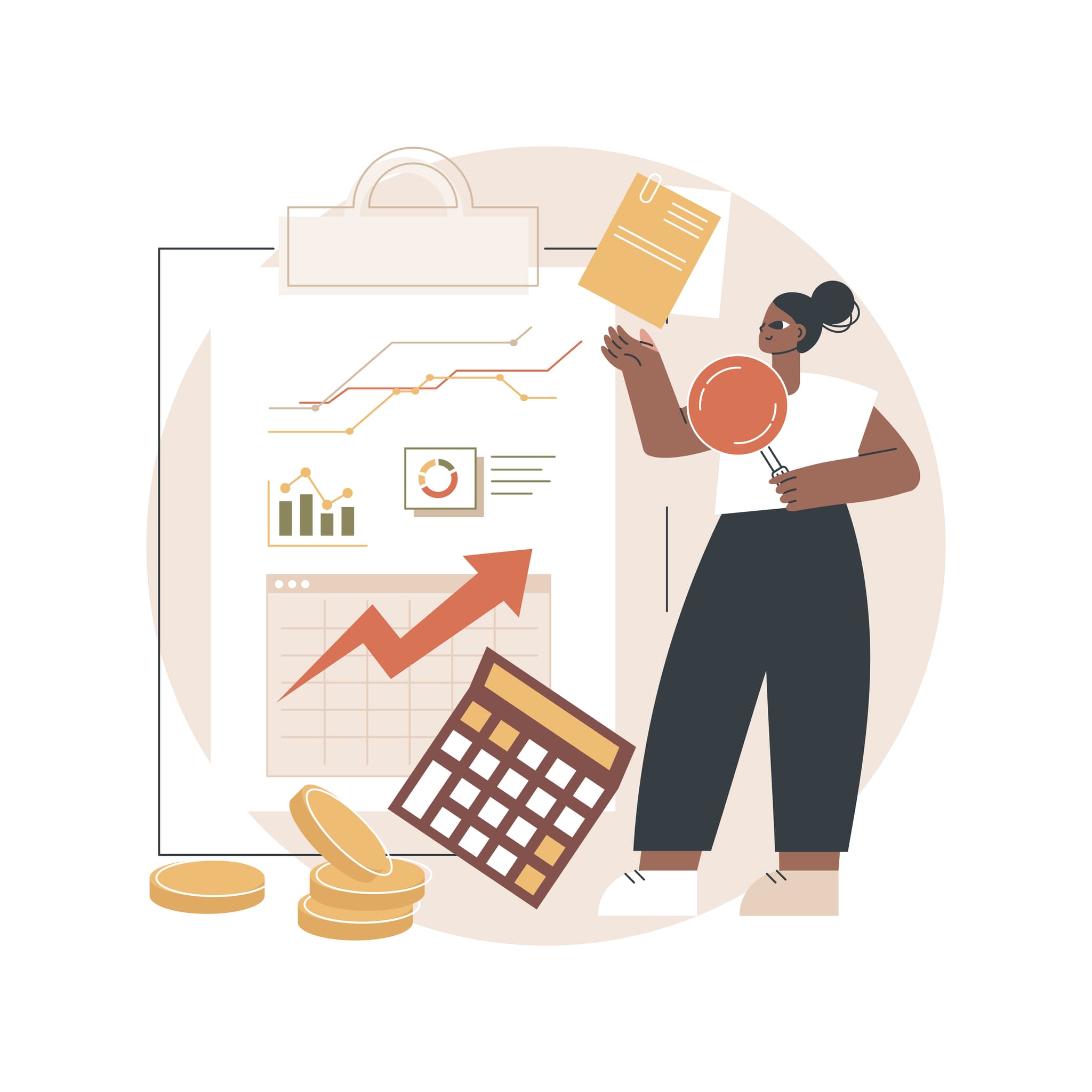 illustration steuerberaterin erklärt graphen auf einem klemmbrett