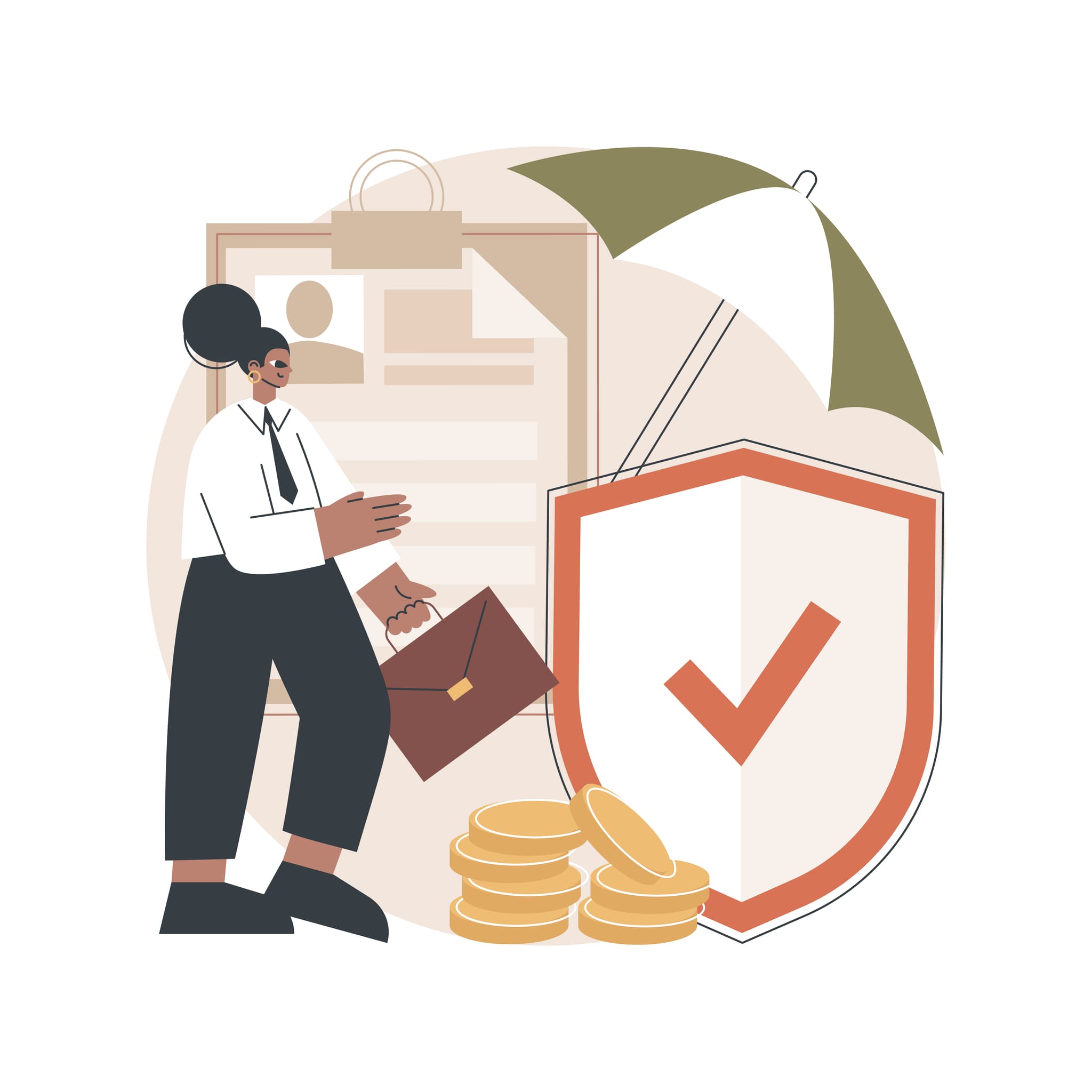 illustration versicherungsmaklerin mit aktenkoffer neben vertrag