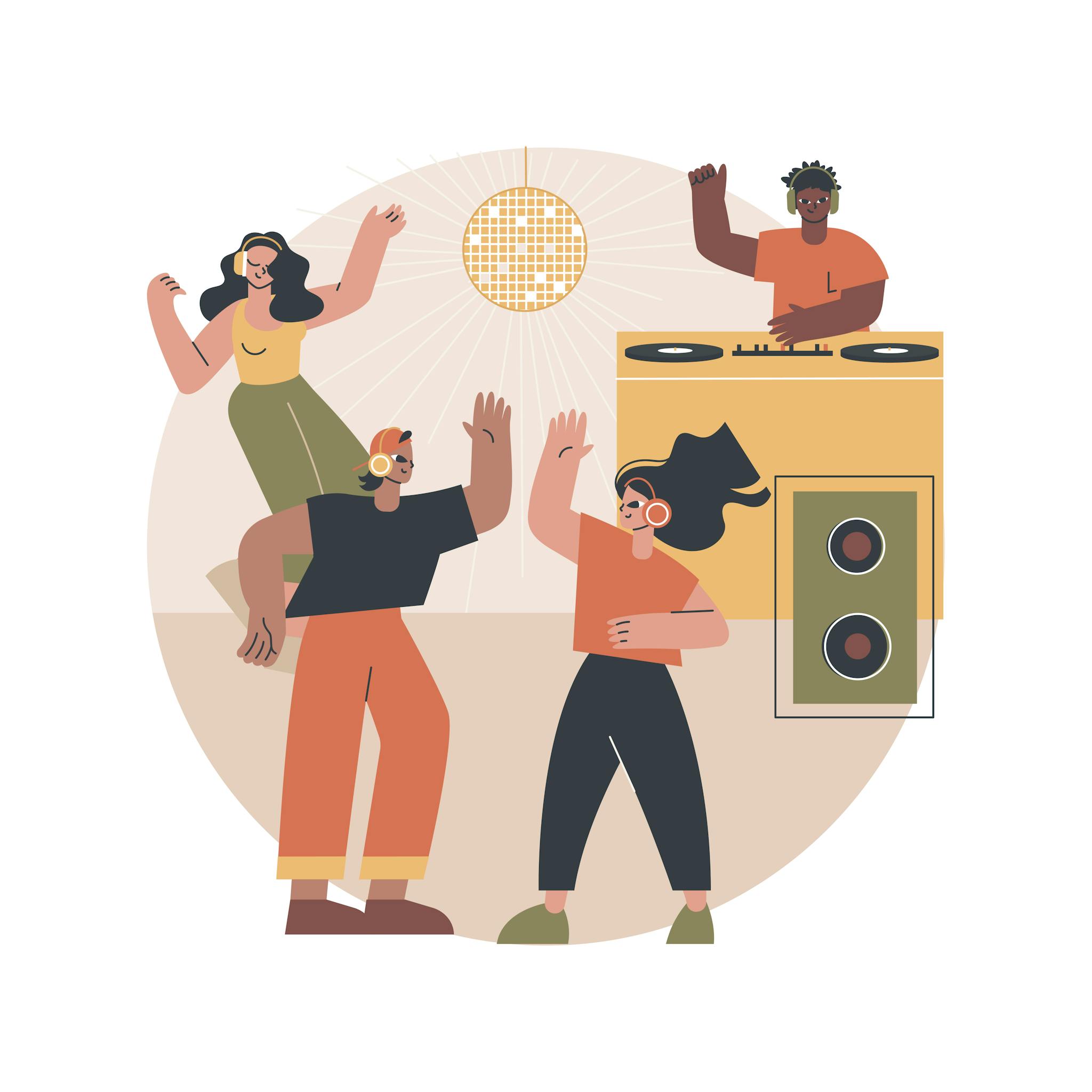 illustration dj macht musik und drei menschen tanzen