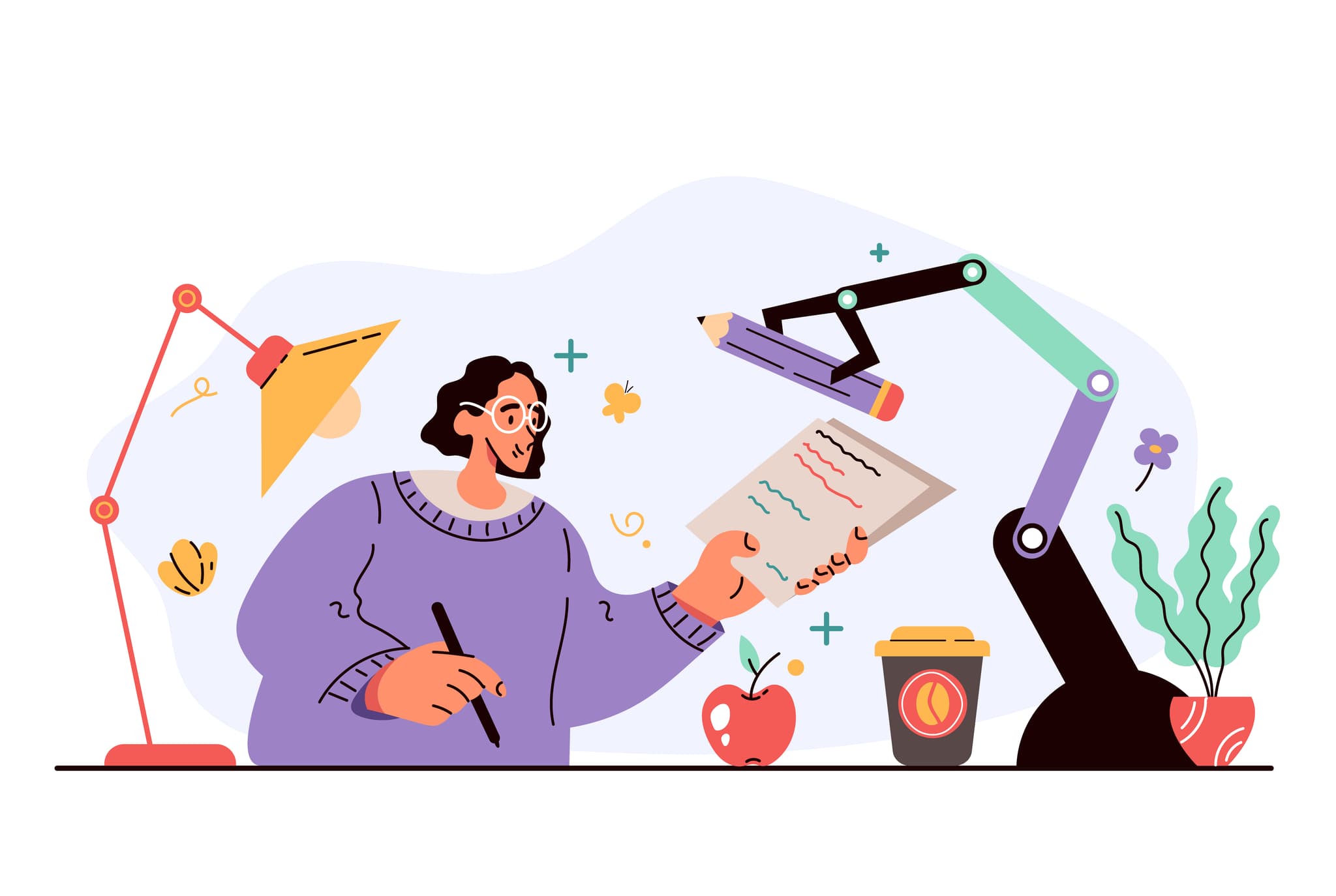 illustration autor schreibt an seiner nächsten geschichte an seinem schreibtisch