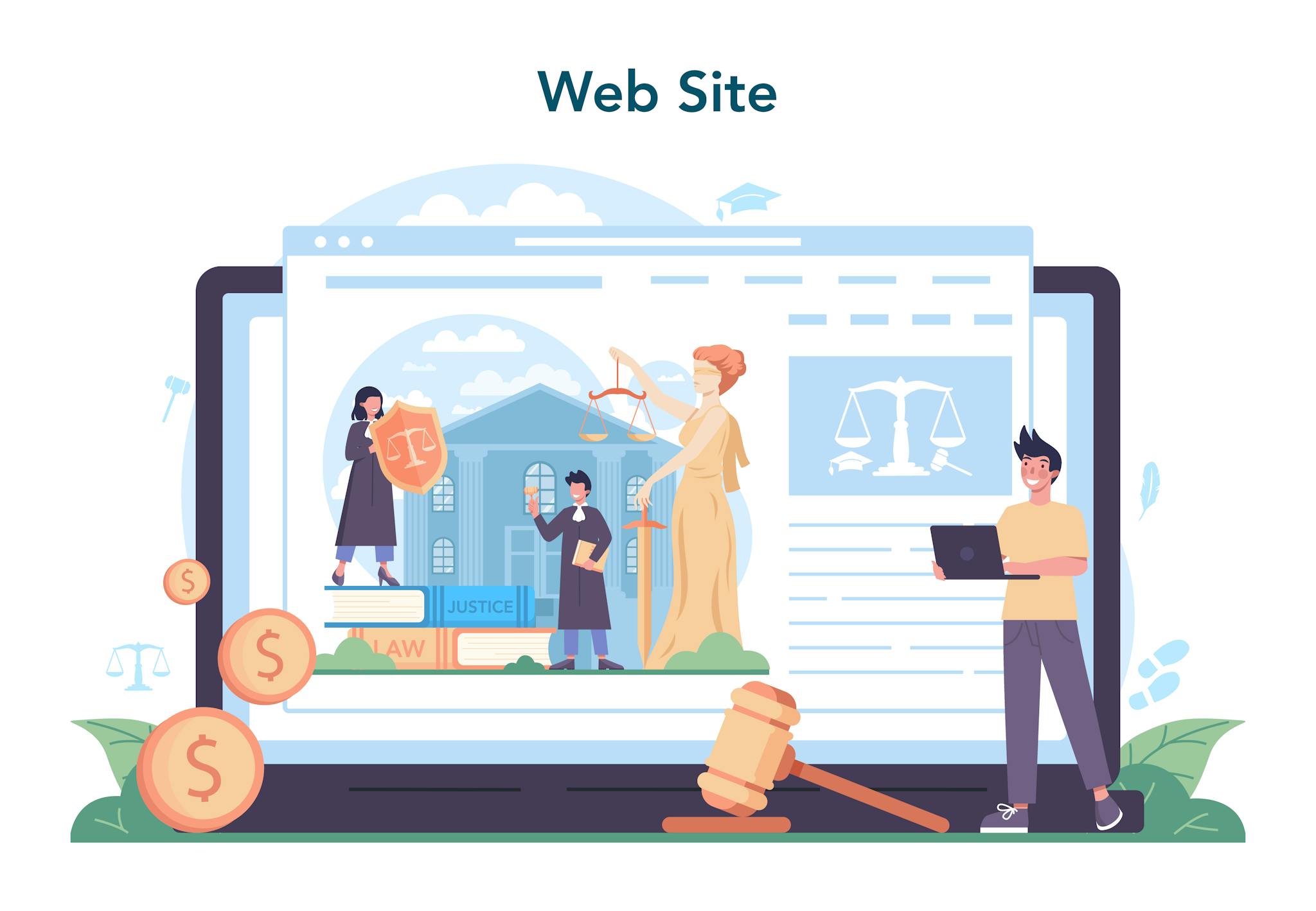 illustration anwalt erstellt eine website auf einem laptop