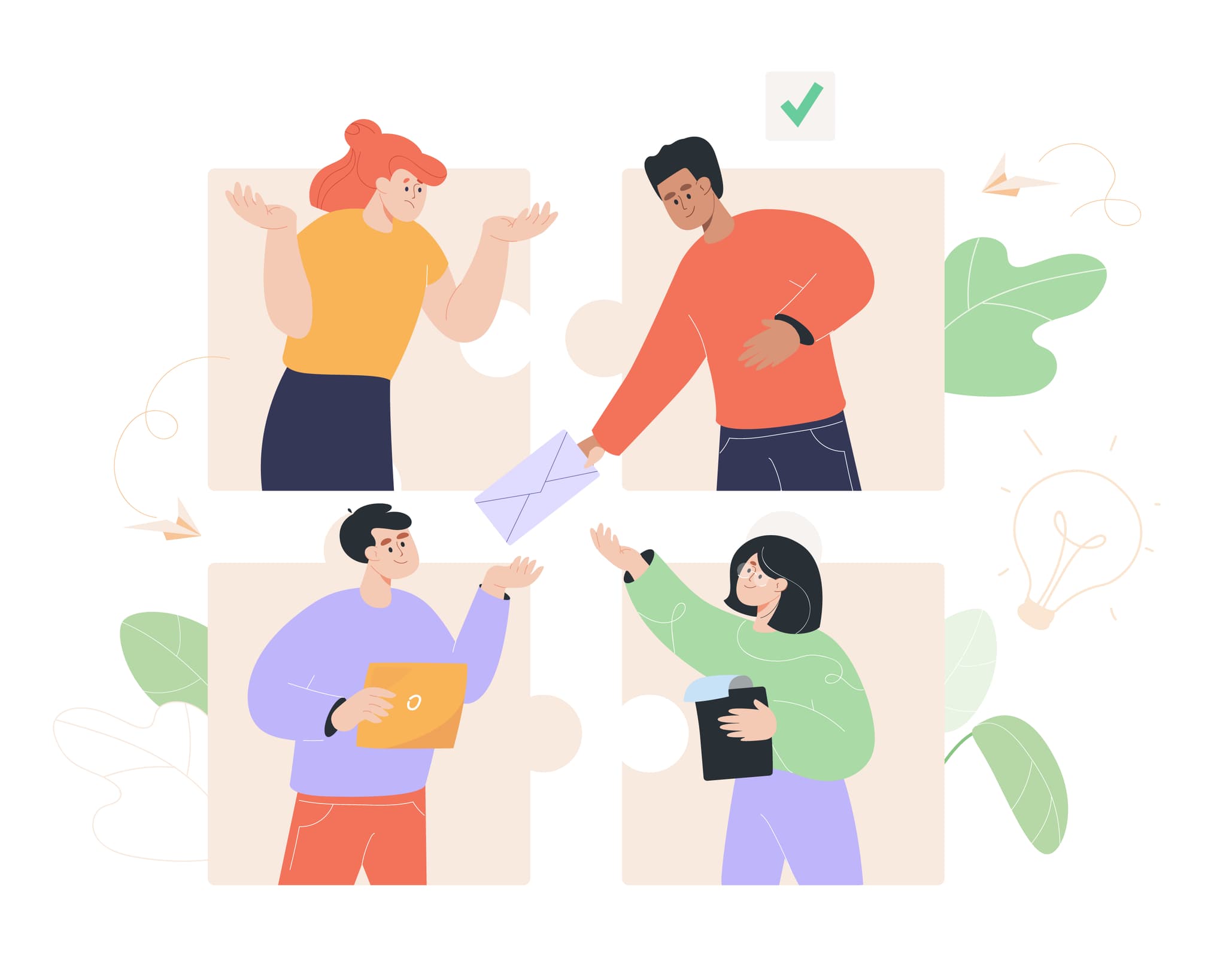 illustration vier menschen tauschen umschläge und informationen aus