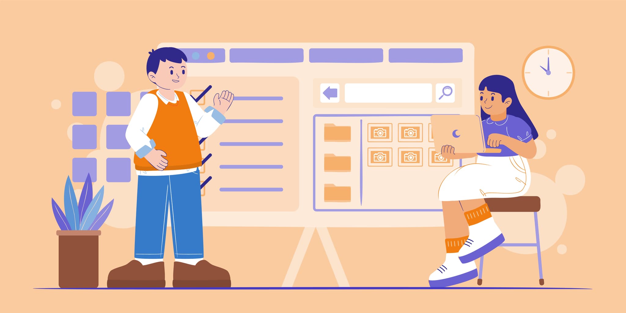 illustration zwei lehrer erstellen zusammen eine schulwebsite