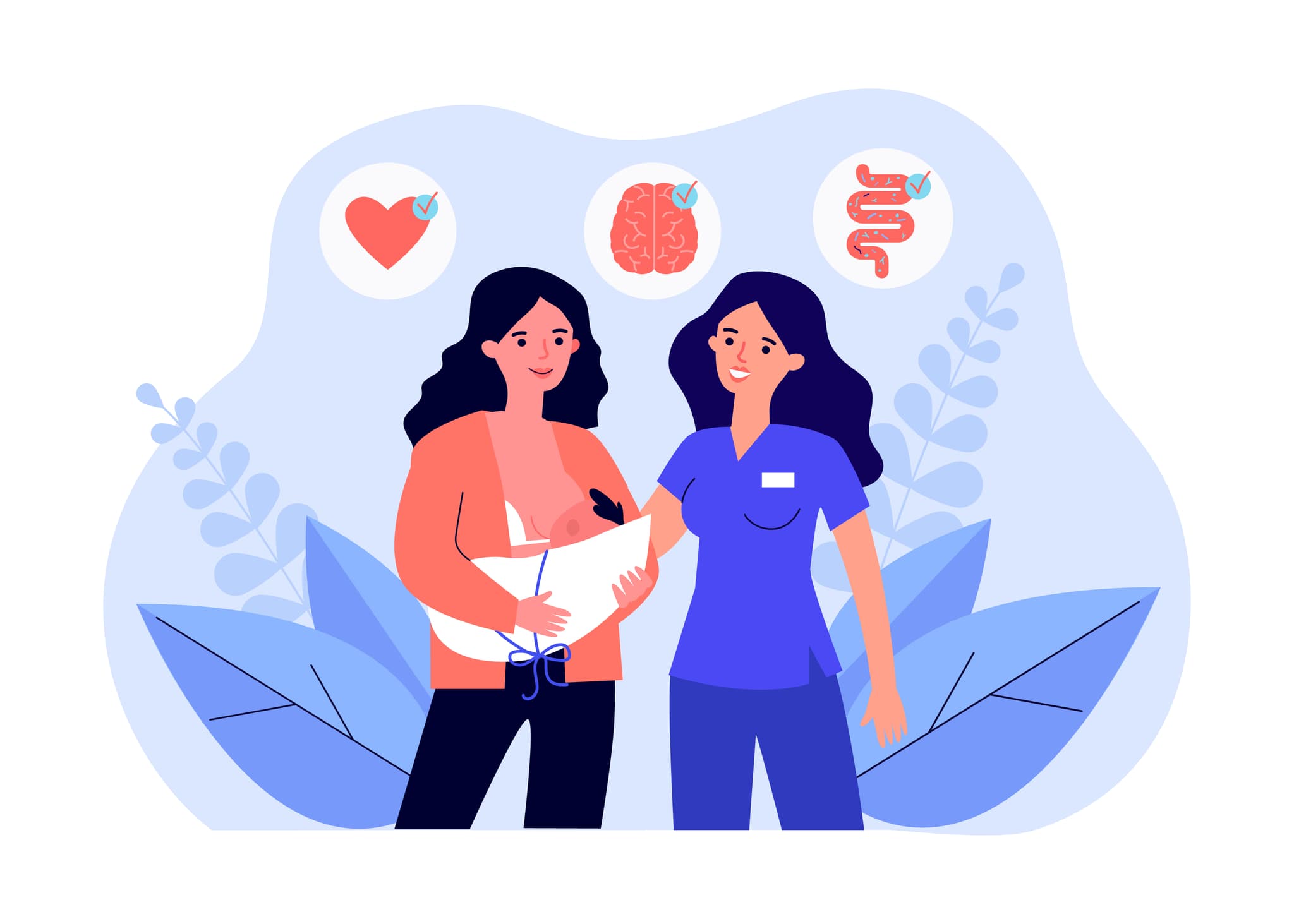 Illustration Hebamma berät Mutter mit Baby