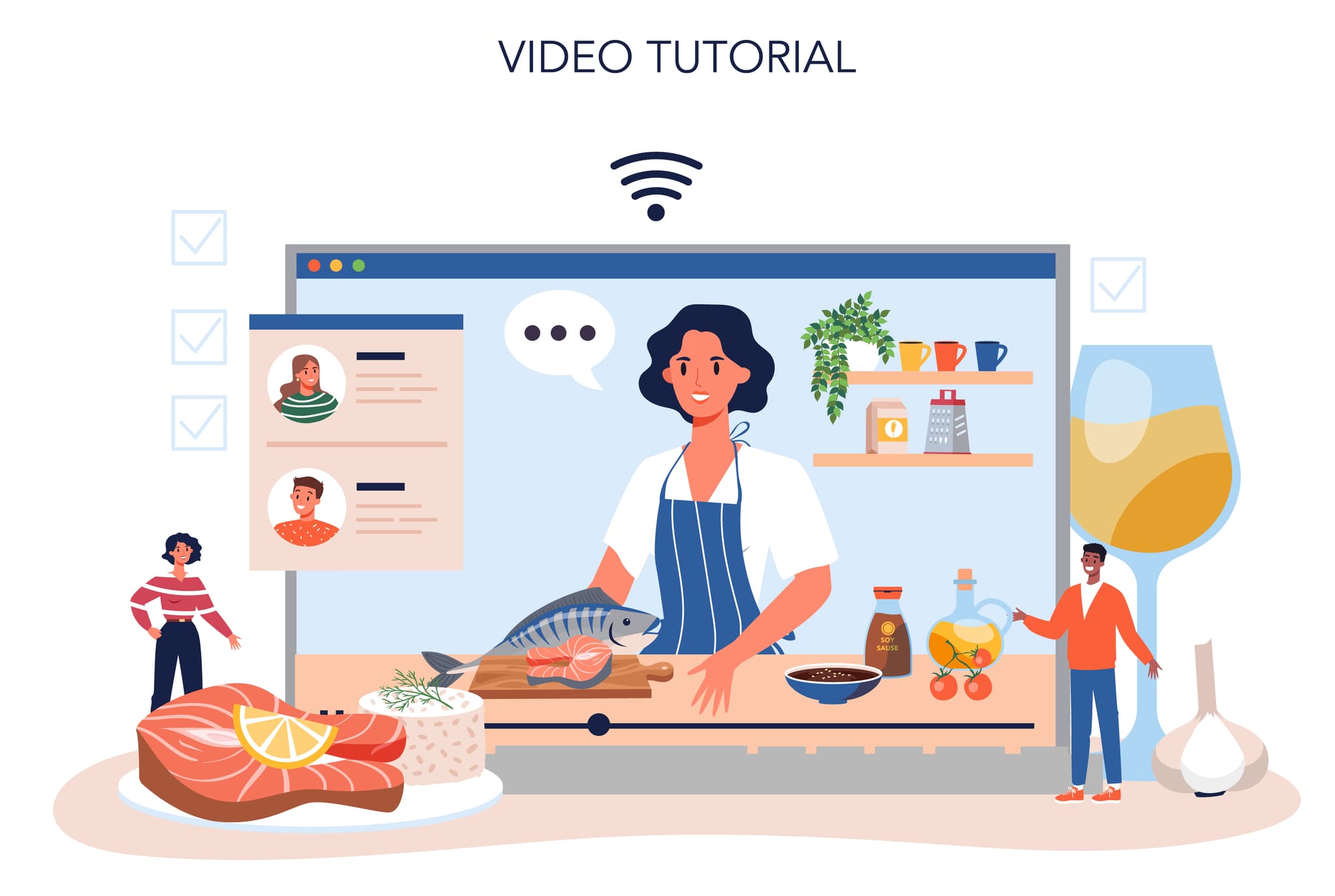 illustration zwei menschen vor einem computer mit einem foodblog