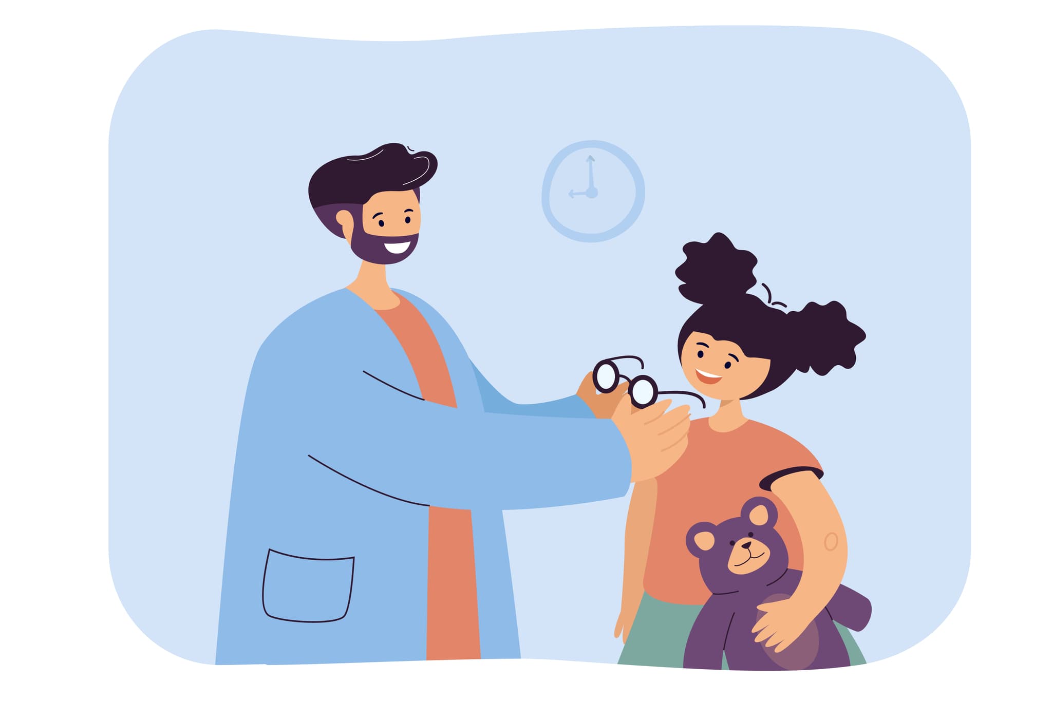 illustration augenarzt setzt mädchen eine brille auf